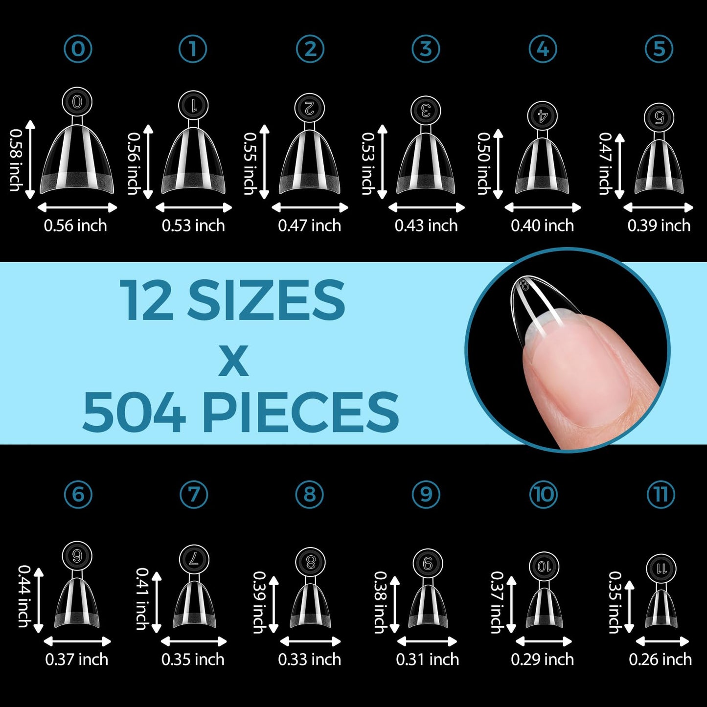 TOMICCA Short Almond Nail Tips Half Cover 504PCS Pre-Shaped Gel Matte Soft Acrylic Nail Tips Almond Shape No C Curve Clear Press On Nails Long Lasting DIY Home Salon Manicure 12 Sizes