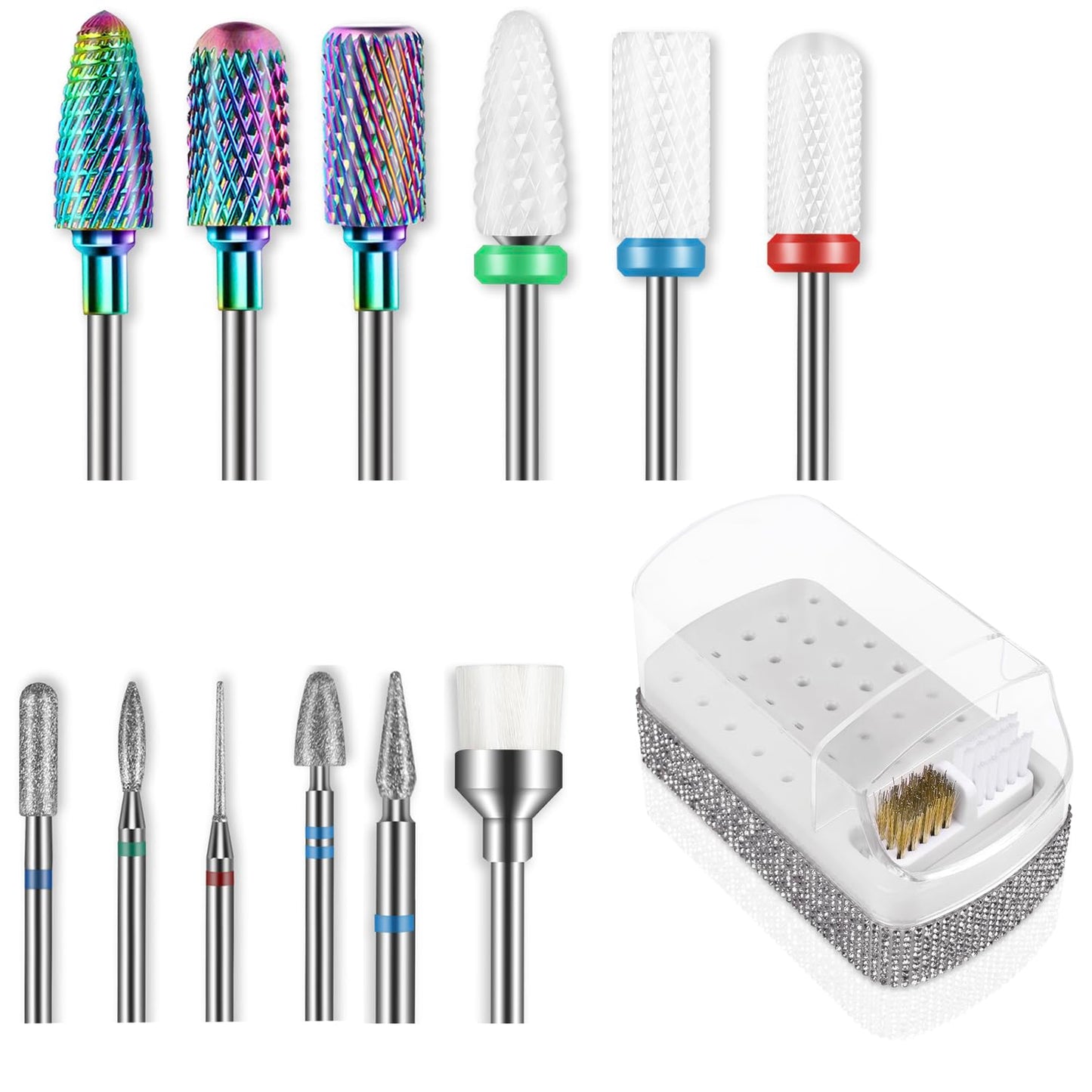 13PCS Nail Drill Bits Set & 30 Holes Nail Bits Holder Case with Cleaning Brush for Home Salon