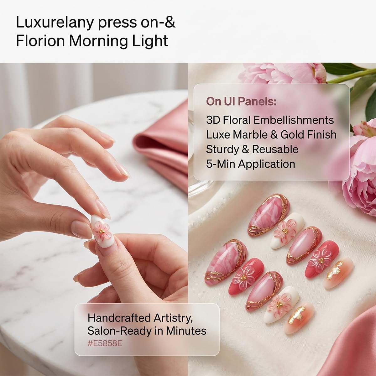 Almond Press On Nails - Medium Pink Gradientw th 3D Flowers Pearl Designs Gold Flower Fake Nails Glossy Finished Reusable False Nails with Glue Tabs - 30Pcs Nail Kit for Women Manicure