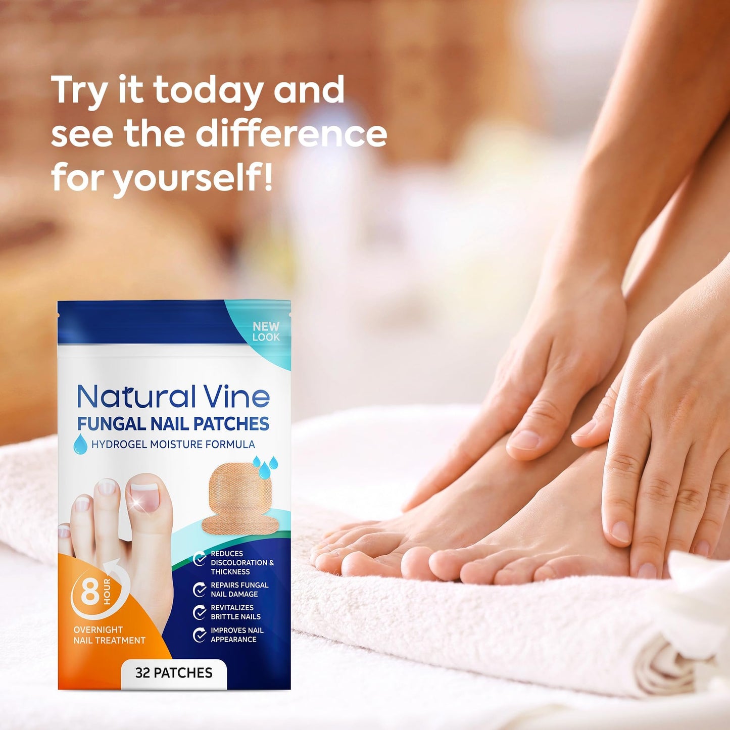 Natural Vine Nail Care Patches: Hydrogel Moisture Patches for Toenails and Fingernails, 8-Hour Nighttime Nail Care, Easy-to-Apply Nail Wraps, 32 Pcs, 2 Packs