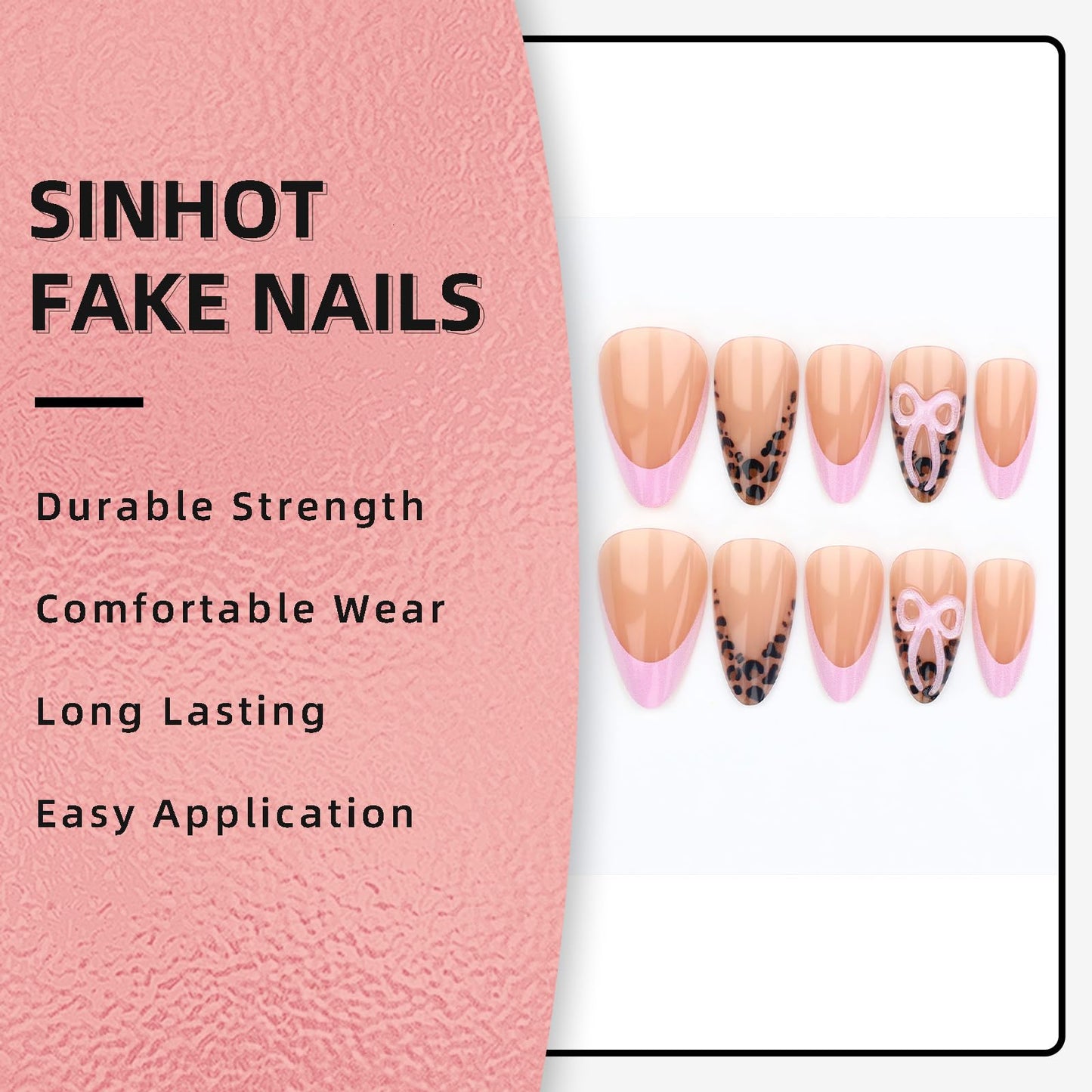 SINHOT Press on Nails - Medium Almond Fake Nails, Glossy Finish, 3D Pink Bowknot & Cheetah Print, DIY Artificial False Nail Art - 24 Pcs Nail Kit with Glue