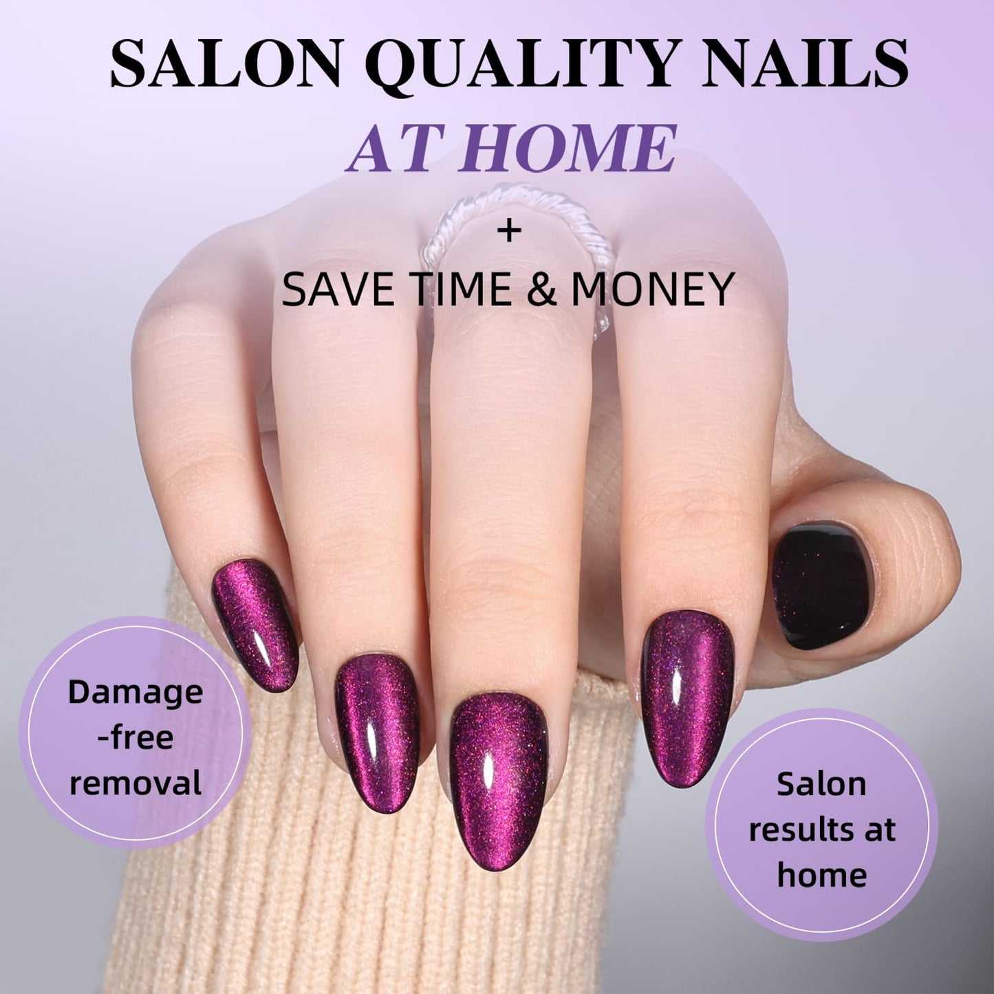 Purple Cat Eye Press On Nails - Short Almond Cat Eye Nails Press Ons for Women Fake Nails with Glue, Glossy Reusable Glue on Nail in 16 Sizes - 32pcs