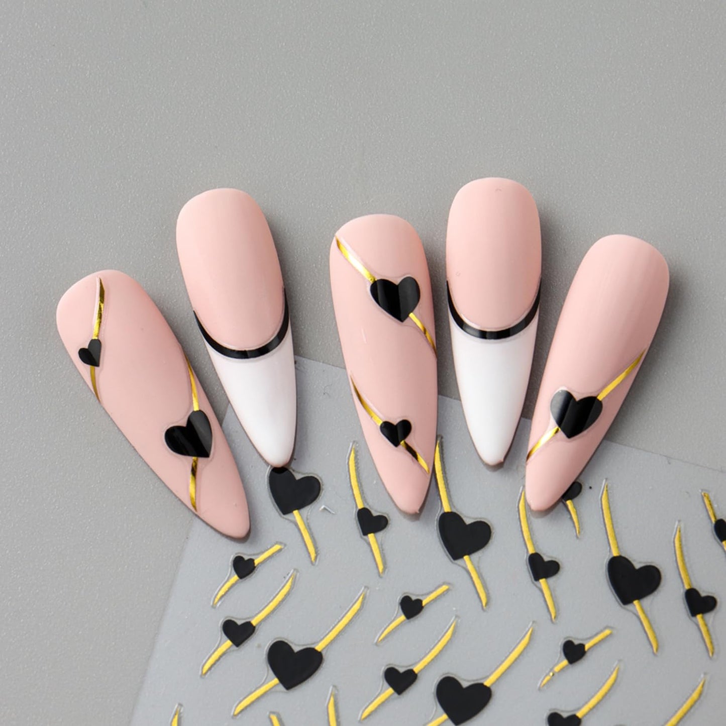 Heart Nail Art Stickers - Valentine's Day Nail Stickers White Black Heart Nail Decals 3D Valentine's Nail Supplies Love Gold-Stamped Lines French Adhesive Decal for Women Girl Nail Decoration 2Sheets