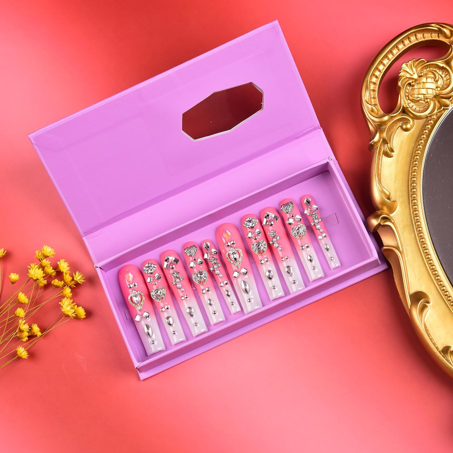 Tmani 10pc/set Extra Long Handmade Press On Nail Hot Girl's Long Ballet Nails Square Nail Full of Diamond Glitter Decoration Fake Nails Suitable For Girls Festival Parties and Birthday Gift (134,L)
