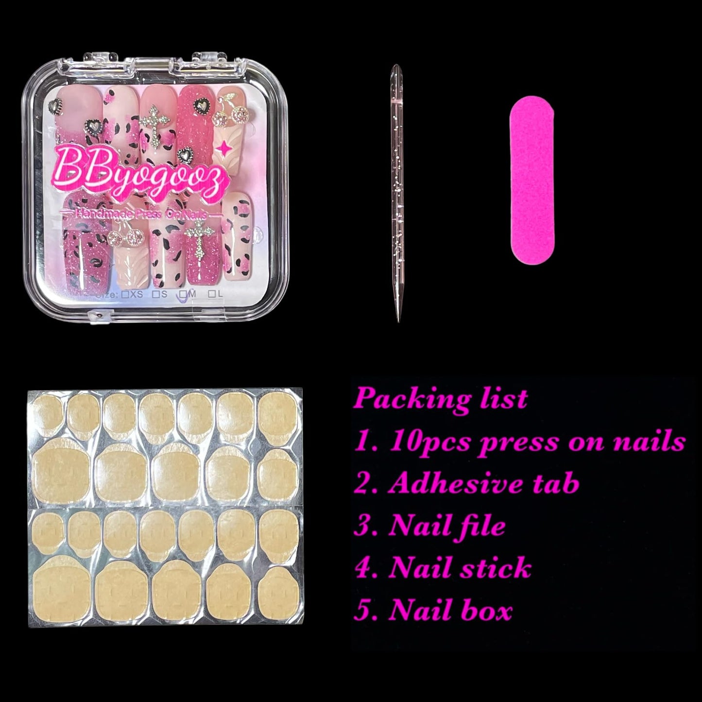 Handmade Press On Nails Pink Leopard Print Design Medium/Long Square Cherry Charms, Glitter Ombre Artificial Acrylic Thick False Nails (Sparkle, L)