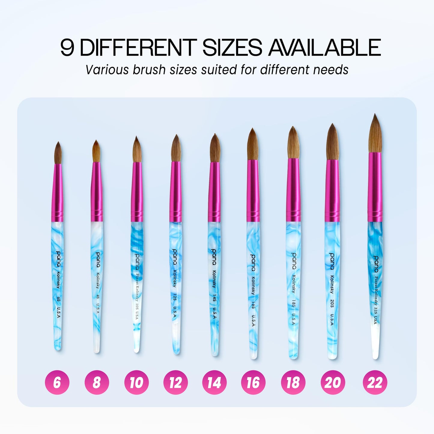 PANA Pure Kolinsky Hair Acrylic Nail Brush - Round Shape Pink Ferrule with White Swirl Blue Handle (Size 6) - Nail Brush for Acrylic Nail Application, Nail Extension, Manicure Pedicure Salon Beginner