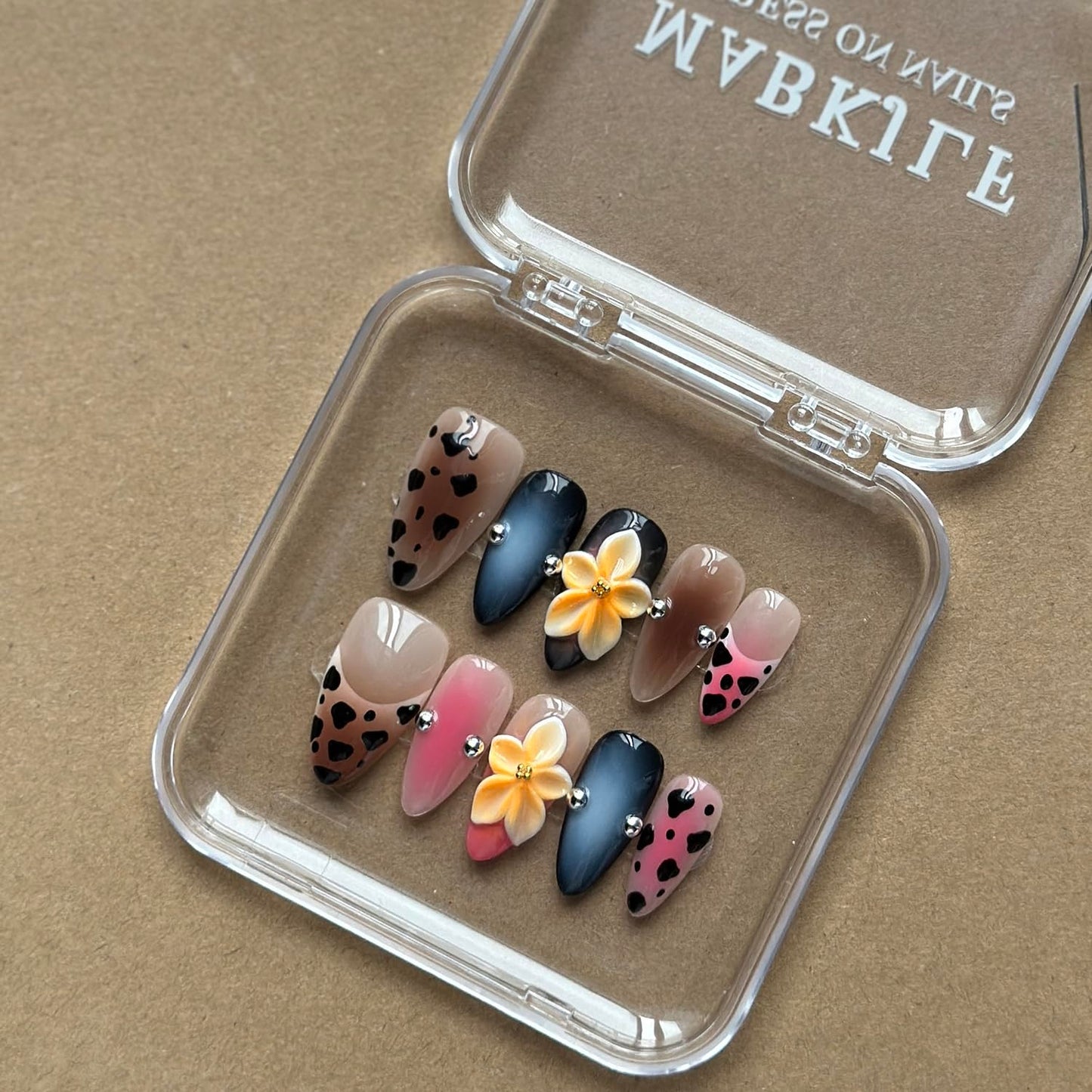 Luxury Press on Nails Medium Almond Handmade 3D Unique Reusable ABS Material Fake Nails False Nails with Designs Yellow Flower Leopard Art Petal Pink Glossy Glue on Thick Acrylic Nails(M)