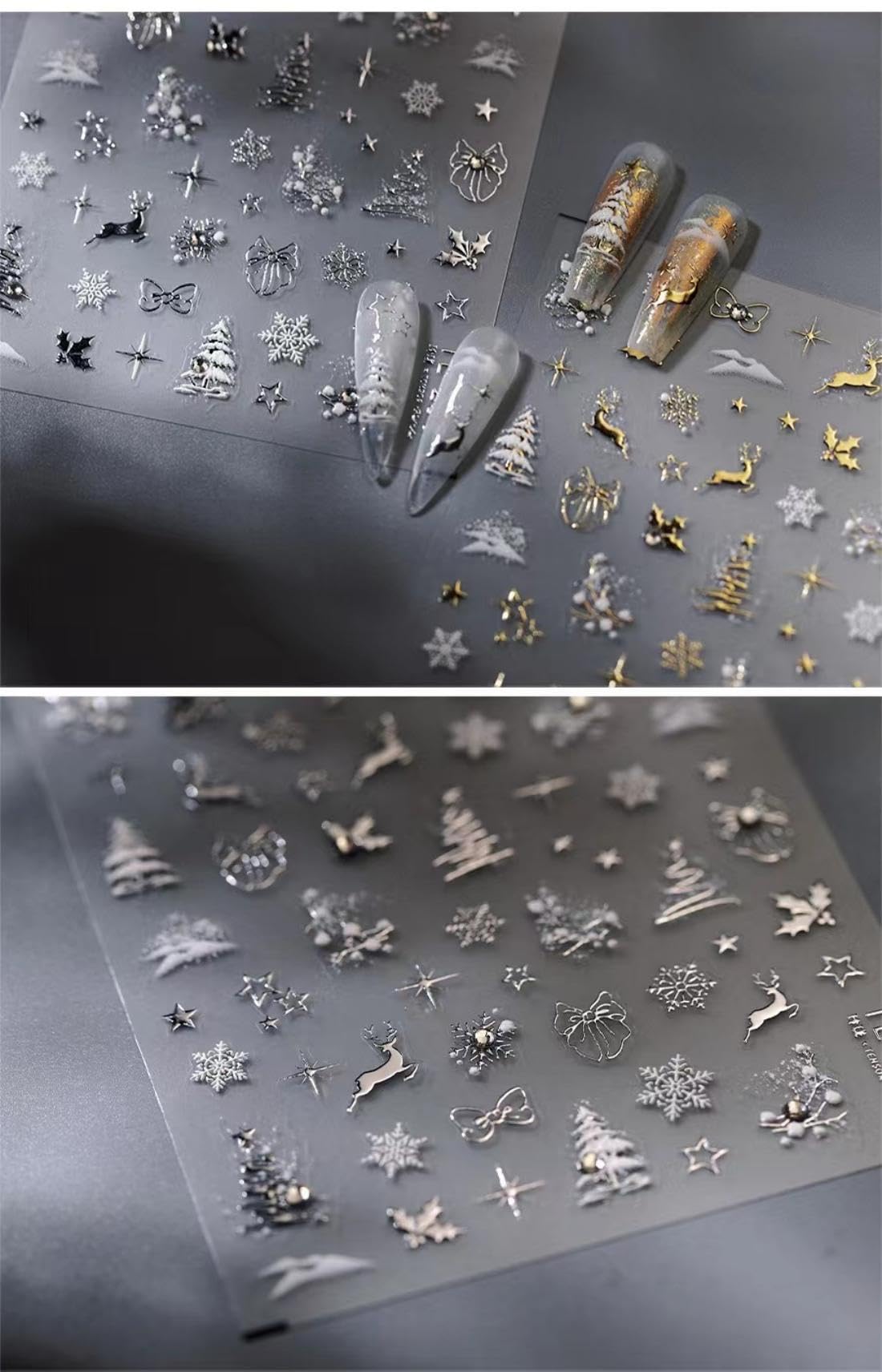 Christmas Nail Art Stickers 5D Embossed Silver Elk Nail Stickers Self-Adhesive Rhinestone Snowflake Bow Xmas Tree Star Elk Nail Decals for Women Girls Winter Holiday Manicure DIY Nail Supplies