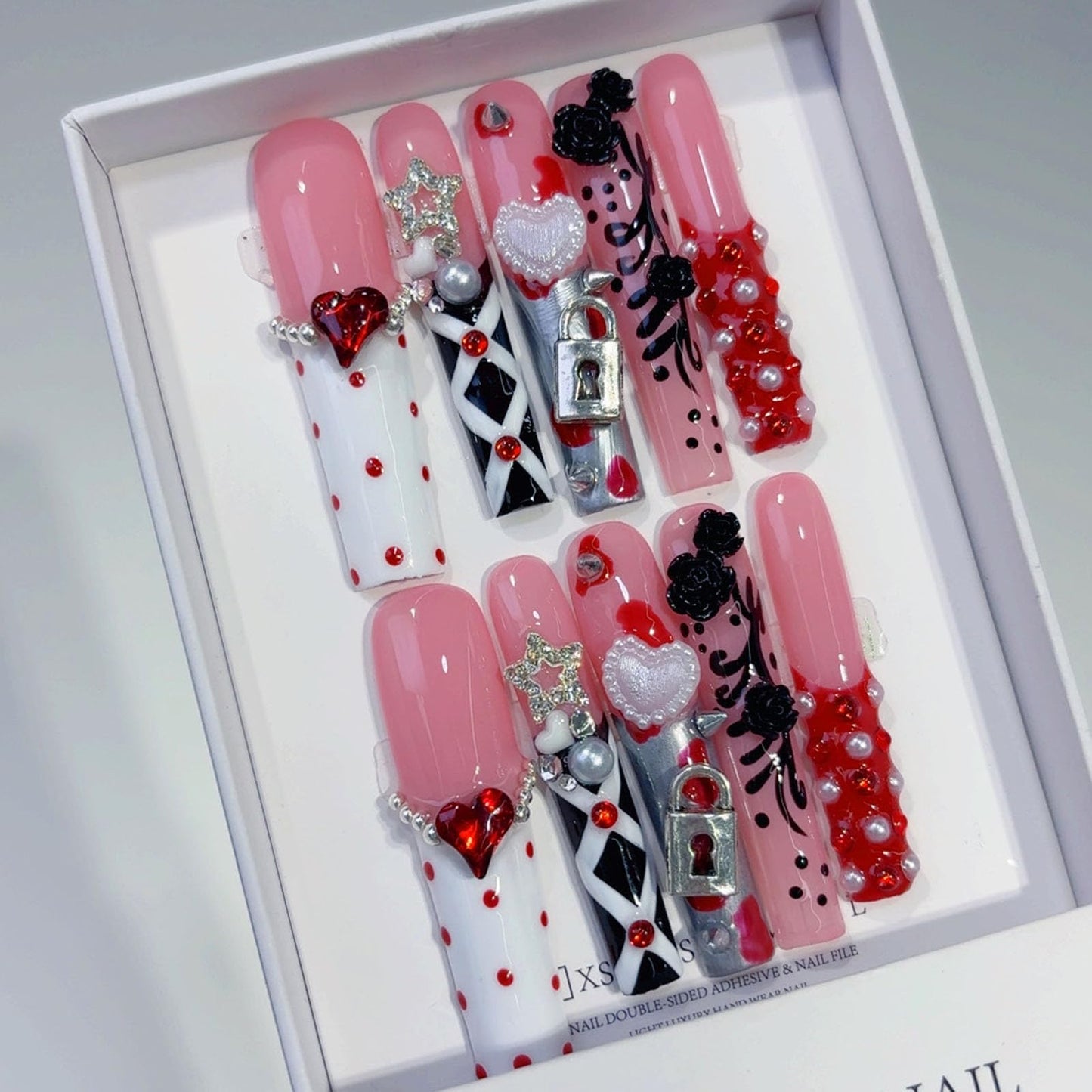 10 Pcs Extra Long Handmade Press on Nails Square Fake Nails with 3D Flowers Lock Love Charms Design Pink Acrylic False Nails White French Tip Press Ons Nails Long for Women Wedding Party - M Size