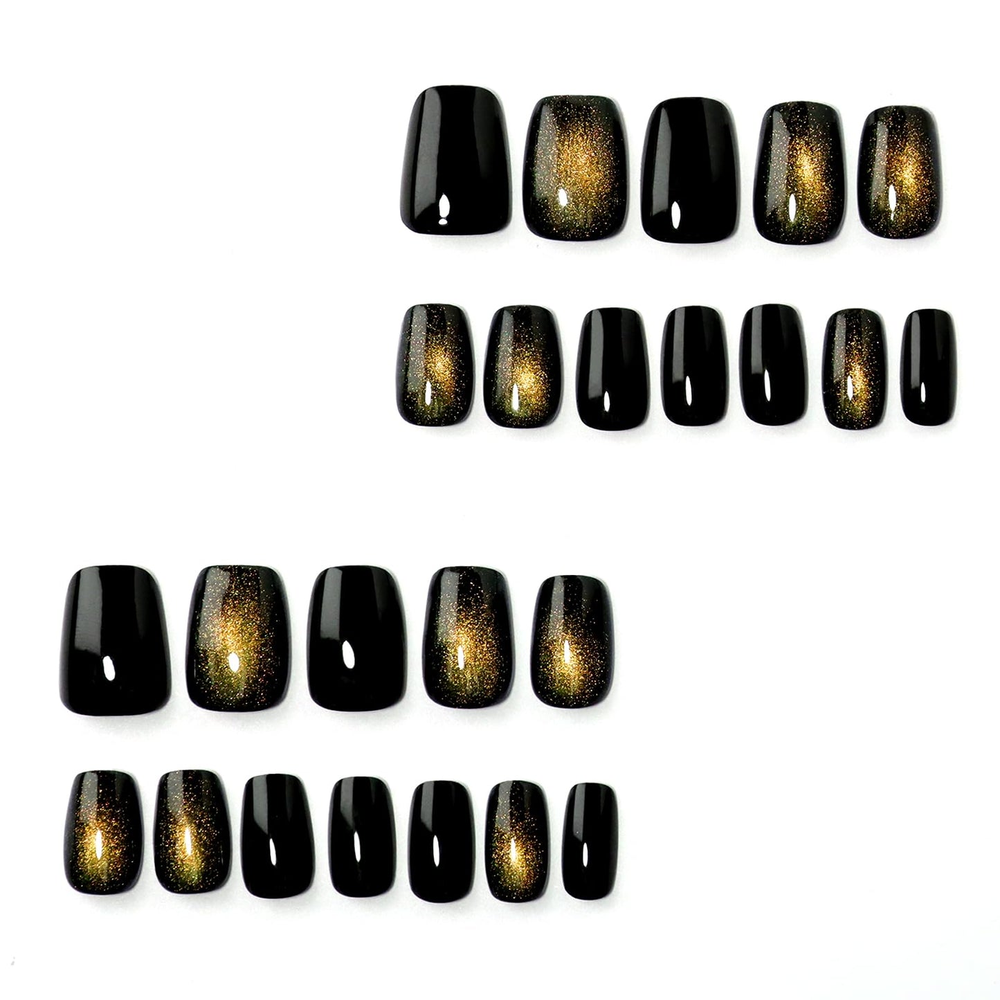 HOSAILY Black Gold Cat Eye Press on Nails Short Square New Year Fake Nails with Magnetic Shimmer Design, 24pcs Glossy Soft Gel Glue on Nails Coffin, Salon Quality Stick on Nails Press Ons for Women