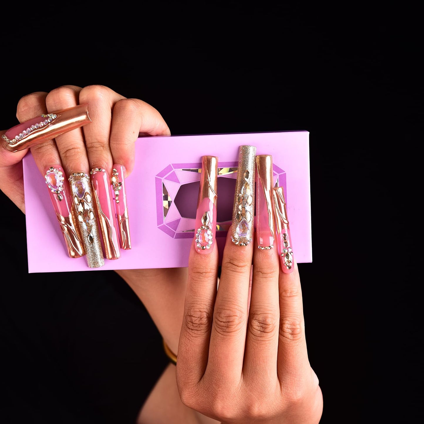 Tmani 10pc/set Extra Long Handmade Press On Nail Hot Girl's Long Ballet Nails Square Nail Full of Diamond Glitter Decoration Fake Nails Suitable For Girls Festival Parties and Birthday Gift (289,L)
