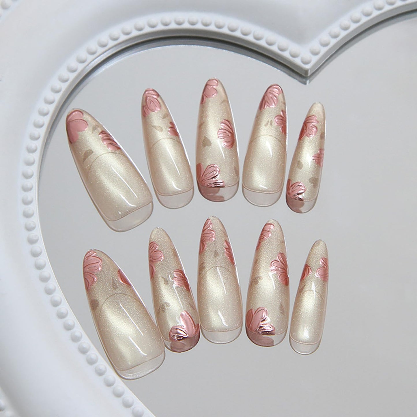 French Long Press on Nails 3D Cat Eye Almond Fake Nails Nude Flower Stick on Nails Acrylic Glossy False Nails for Women Manicure Decoration 30Pcs