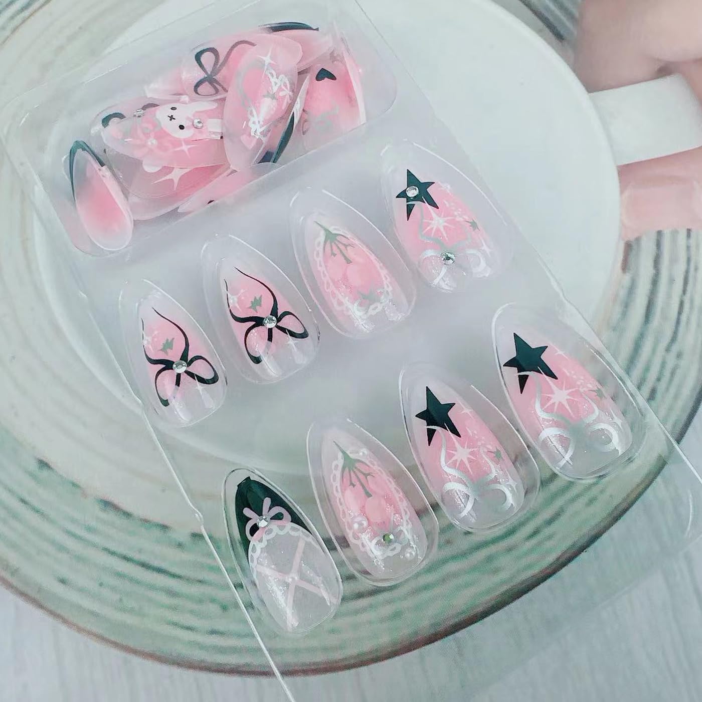 Pink Tulip Flower Press on Nails Short Almond Fake Nails Cute Bow False Nails with 3D Rhinestone Pearl Charms Designs Acrylic Nails Lovely Rabbit Stick on Nails for Women Nails Decor Supplies 24Pcs