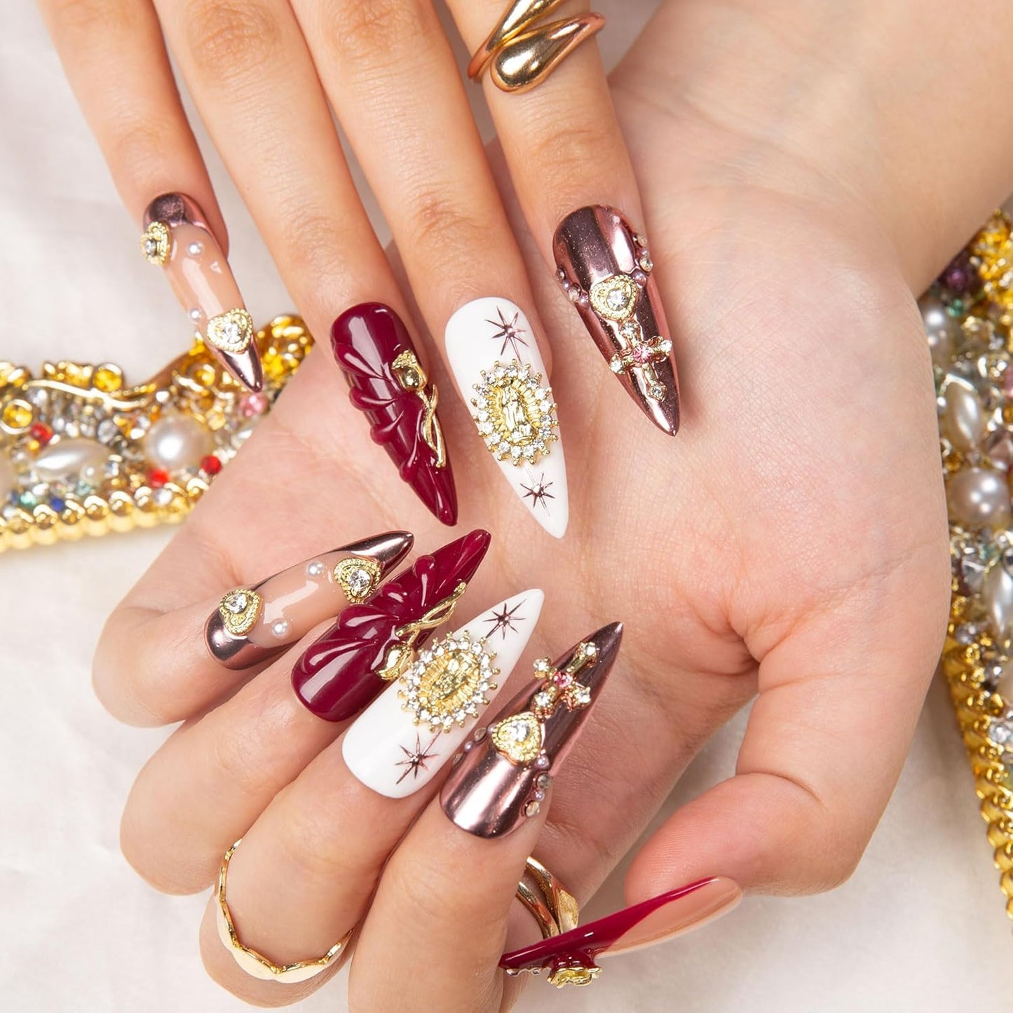 LOVFUL Press on Nails | Handmade with Full Covered Crystals | Reusable Fake Nails | Stiletto Classic Regular 1.3 in| (Royal Crimson, S)
