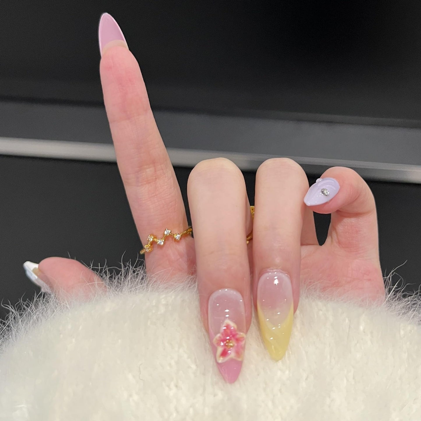 Spring Garden Fake Nails | Sweet & Elegant Press on Nails with 3D Flowers, Pearls & Glitter | French Manicure in Pastel Colors for Women & Girls (M)