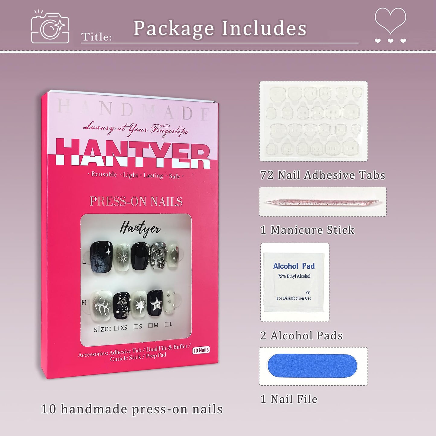 Hantyer Short Square Press On Nails, Handmade Soft Gel Dark Glam Metallic Fake Nails with Silver 3D Stars & Sculptural Accents, Grunge Inspired Reusable False Nails 10PCS Kit (Size XS)