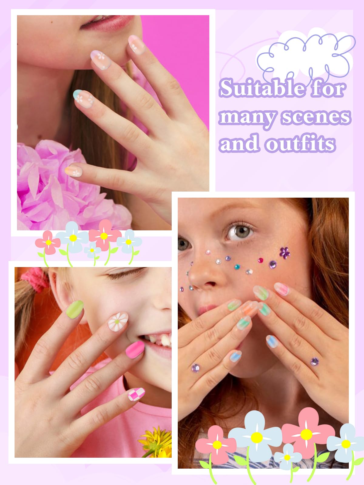 78 Pieces Press on Nails for Kids, EBANKU 3 Pack Kid Fake Nail Kit Old Colorful Flower Press on Nails for Girls 8-12 Years with Jelly Nail Adhesives & Nail Builder Glue