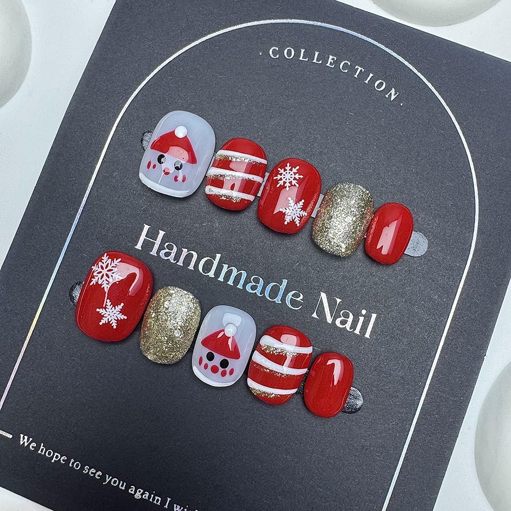 100% Handmade Press on Nails Short Square Handmade Nails with Red Christmas Hat Design Christmas False Nails Snow Stripe Nail Press ons Gold Glitter Holiday Fake Nails for Women Girls Size M 10Pcs