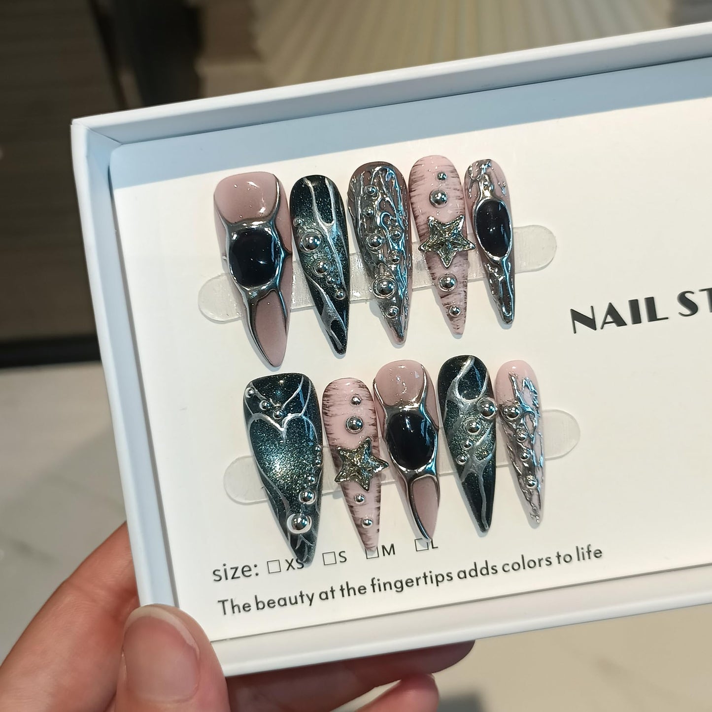 TENPAL Pink Black Press on Nails Long Stiletto,Metal Gothic Fake Nails with Punk Stars Beads,Cat Eye Glitter Edgy Y2K Ins False Nails with Tools,Sweet Grunge Irregular 3D Handmade Nails 10pcs(M)