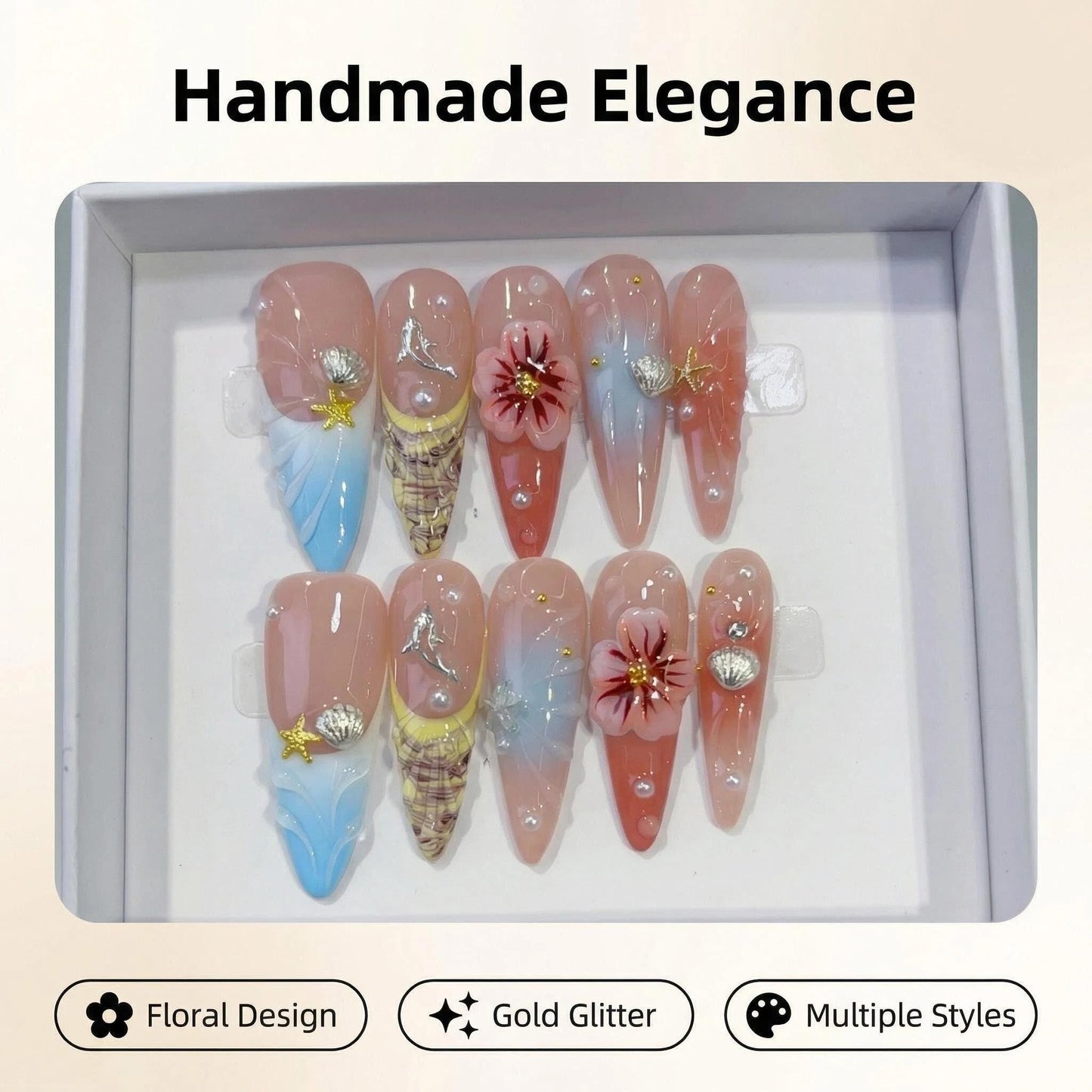Handmade Press on Nails Long Stiletto False Nails Blue French Tip Fake Nails with 3D Red Flower and Dolphin Designs Sparkly Rhinestones Charm luxury Artificial Nails for Women (Size M）10pcs