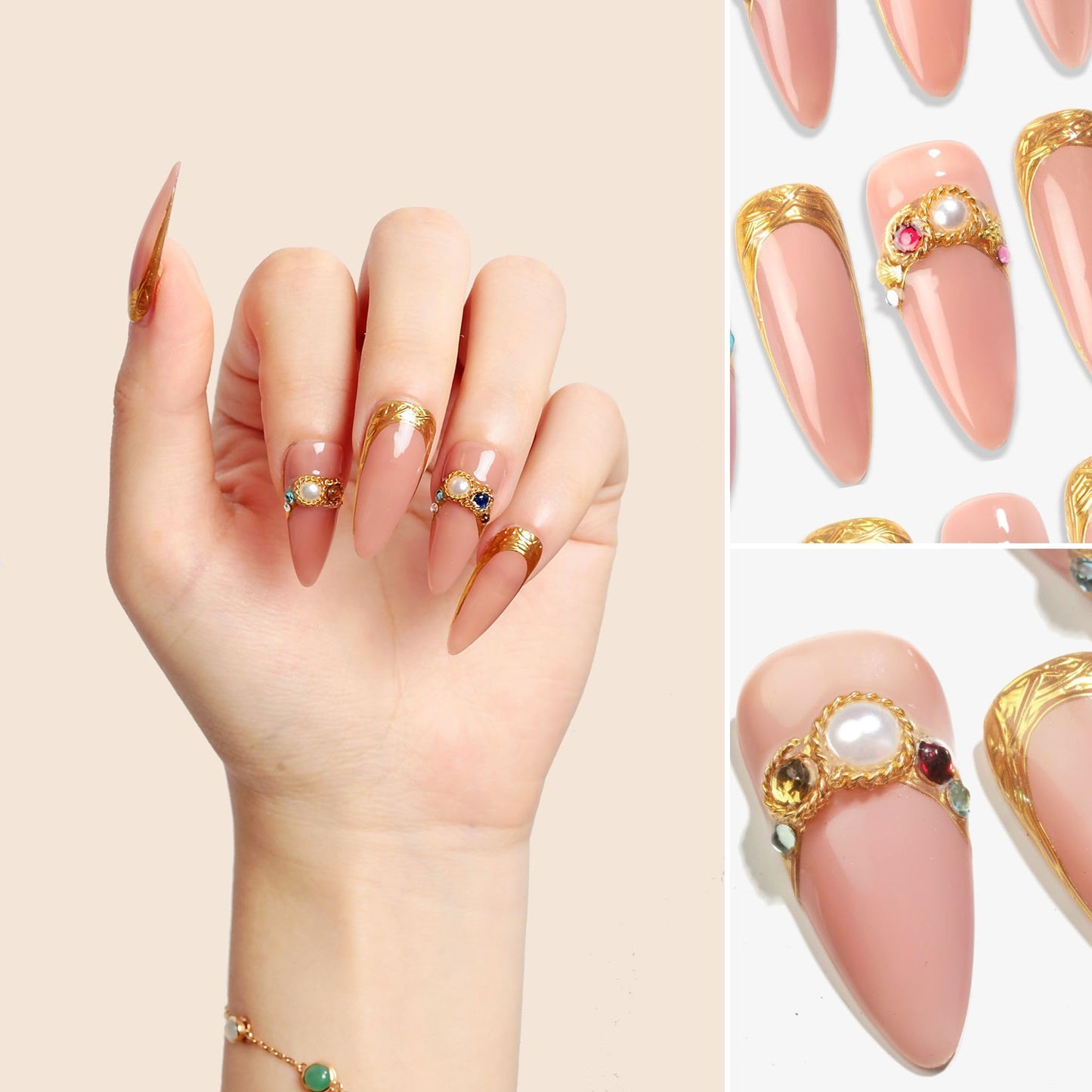 Sun&Beam Nails Handmade Press-on Long Stiletto Amlond White Silver Butterfly Rhinestone Glitter Design Fashion False Nail Tips 10 Pcs Set (M, #103)