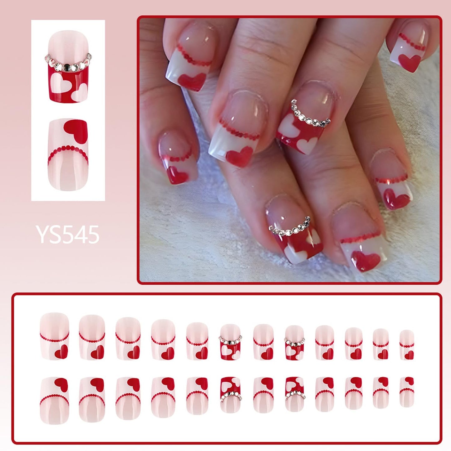 Short Press on Nails Love Heart Almond Fake Nails Art Charm Rhinestone Square False Nails Red White Heart French Design Artificial Fake Nails With Glue Full Cover Fake Nails For Valentine's Day Gifts