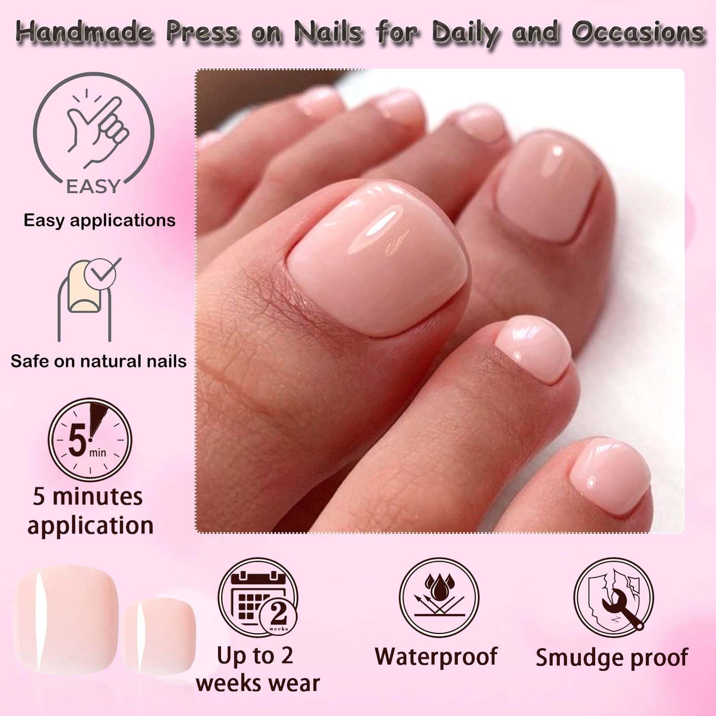 LoveOurHome 120pc Nude Press on Toenails Women Fake Toe Nails with Glue Tabs, Nude Fake Toenails Press on Toe Nails Glue on Toenail Acrylic Toes Nail Tips Artificial False Toenail for Women Girls