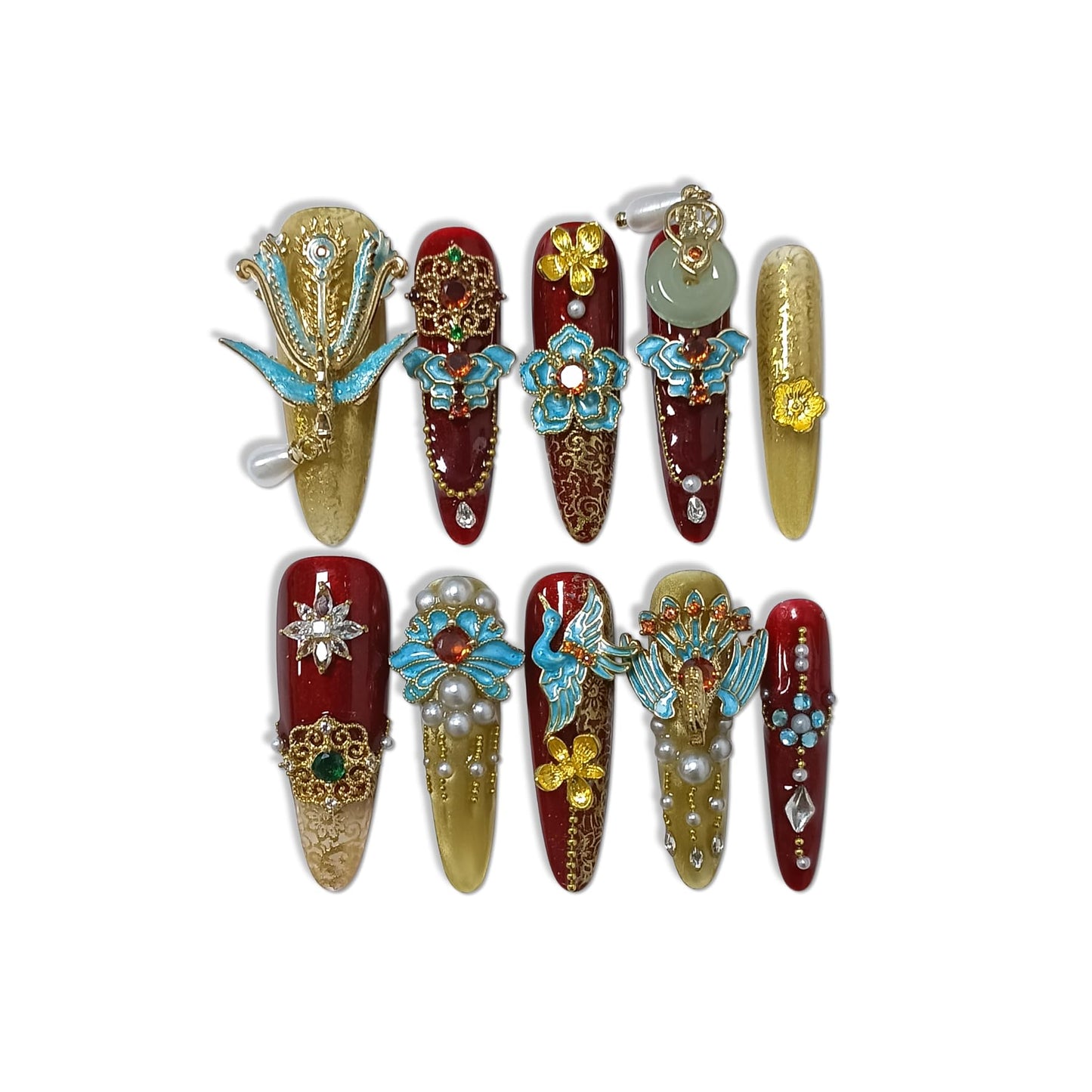 TENPAL 10Pcs Heirloom Chinese Bridal Press On Nails With Tools,Red Gold Phoenix Dragon Designs Fake Nails Long Stiletto,Full Crystals Heavy Relief Luxury Wedding Set Glue on Nails for Cheongsam(XS)