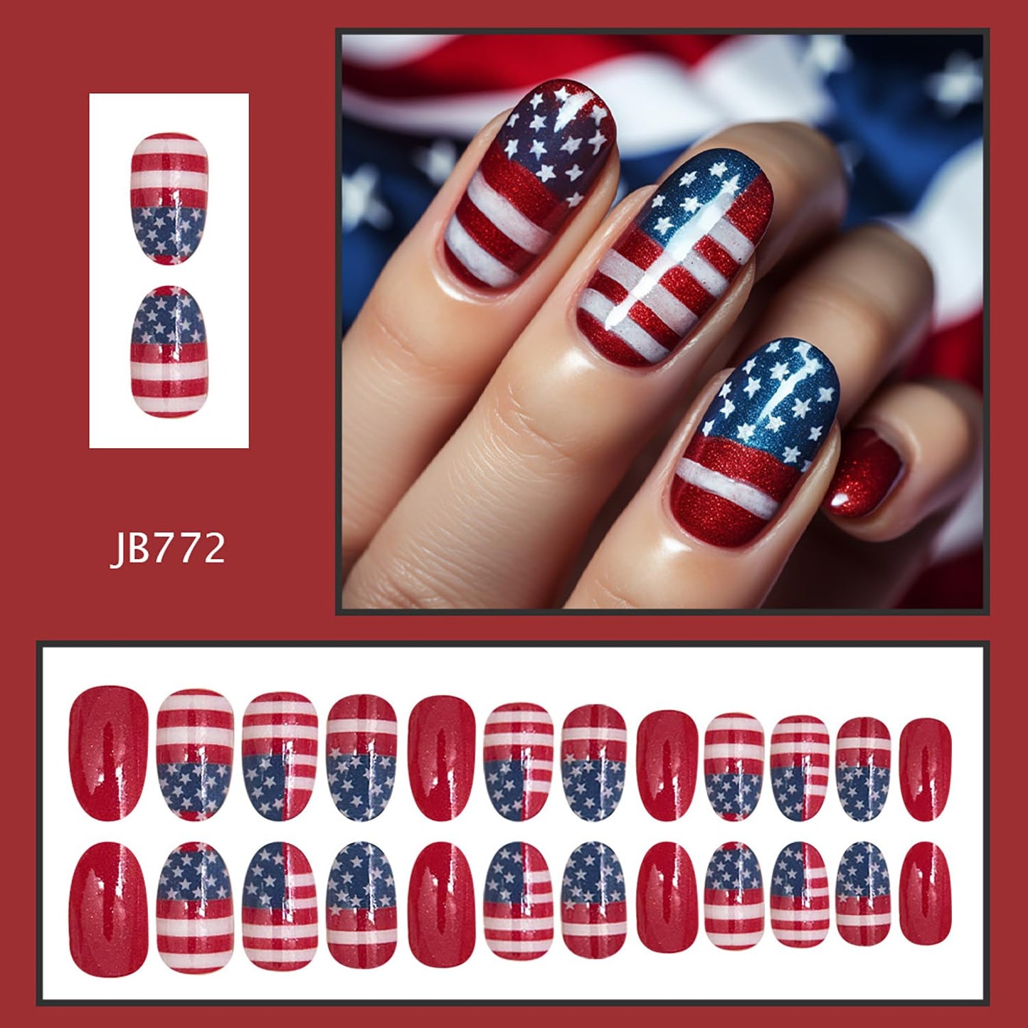 24Pcs Independence Day Press on Nails Short Oval Shaped Star Patriotic Fake Nail USA Flag Red White Stripes Pattern Design 4th of July Glossy Artificial Fingernails Holiday Glue on Nails for Women