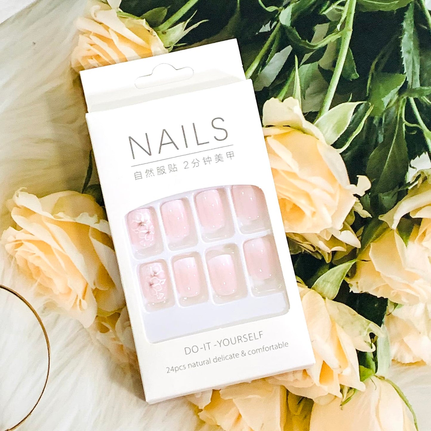 Vezocim Press on Nails Square Short 24Pcs French Tips Pink Press on Nails Coffin with Flower Designs Glossy Full Cover Acrylic Short False Nails Glue Fingernails Artificial Fake Nails for Women Girls