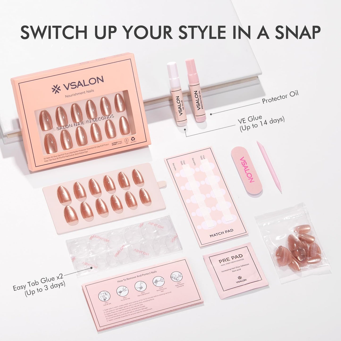 VSALON Press on Nails Short Almond - Pink Cat Eye Glitter Metallic Tip Fake Nails Kit for Woman, Reusable Spring Summer Opaque Gel Glossy Glue on Nails with Glue - 32 PCS Stick on Nails 16 Sizes