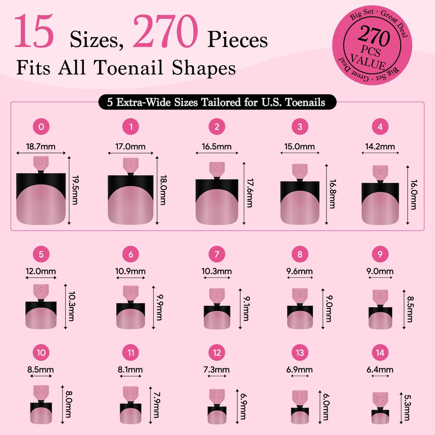 Qiek Toenail Press Ons French Tip, Berry Pink Black Elegant False Toe Nail Extension 15 Sizes 270 Pcs Sharp Square Acrylic Tips Pre-applied Nail Primer & Base Coat Full Cover for DIY Home 2025 Summer