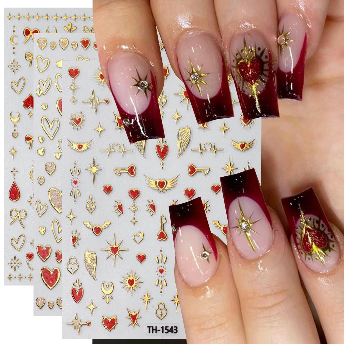 Gold Love Heart Nail Art Stickers Romantic Valentine's Day Red Heart Nail Supplies Love Bow Star Nail Stickers Stars Sun Moon Starlight DIY Transfer Decals Designs Nail Tip French Manicure Decor 3Pcs