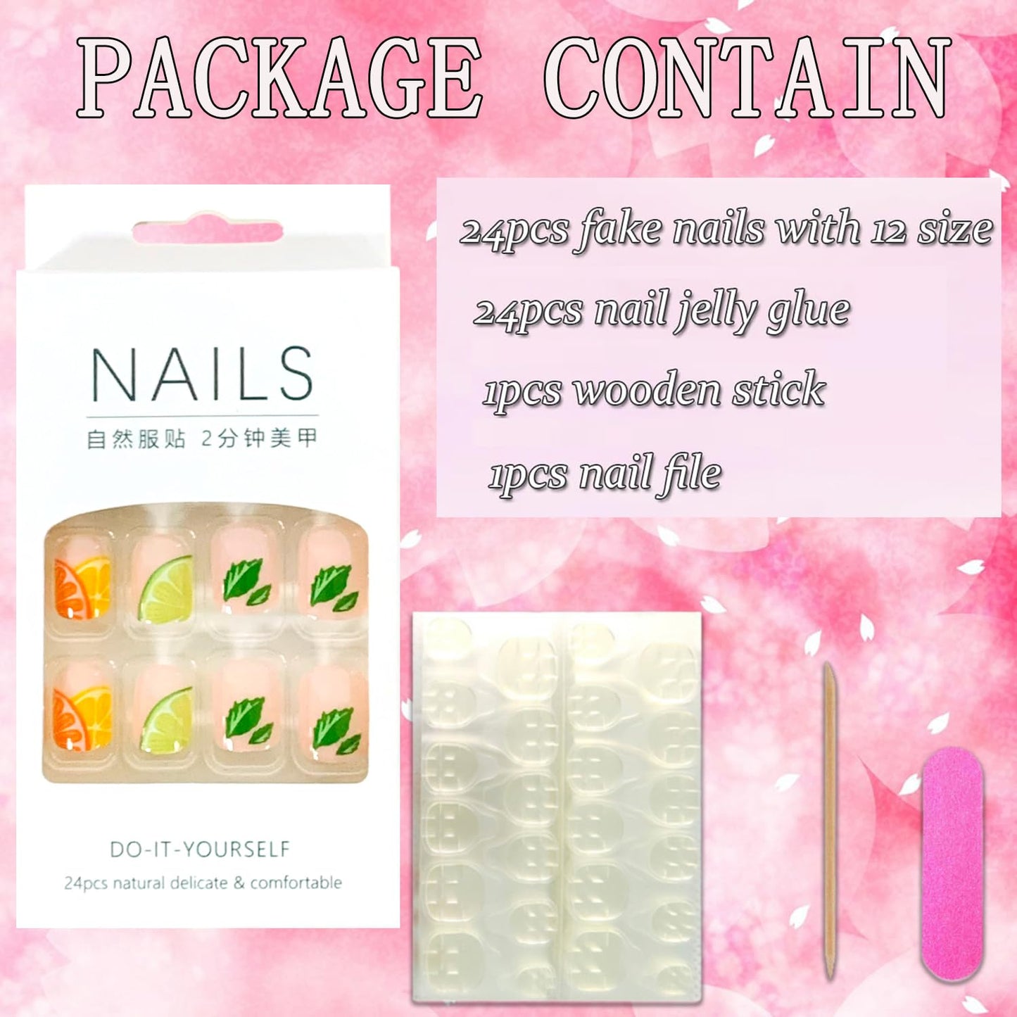 Vezocim Press on Nails Short Square-24Pcs Glossy Full Cover Acrylic Square Summer False Nails with Lemon Designs Artificial Extra Short Square Fake Nails with Glue Stick on Fingernails for Women