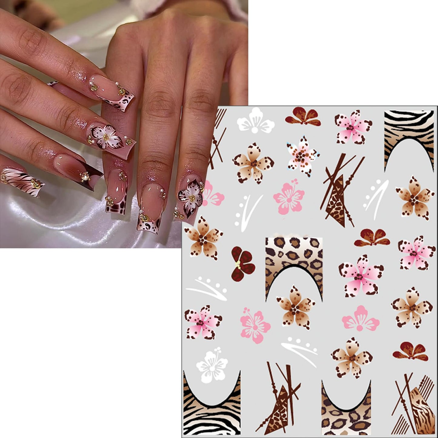 Leopard Print Hibiscus Flowers Nail Art Stickers Embossed Jelly Design Hawaiian Floral Nail Art Supplies Cute French Cheetah Print Nail Art Accessories for Women Manicure Decorations 6 Sheets