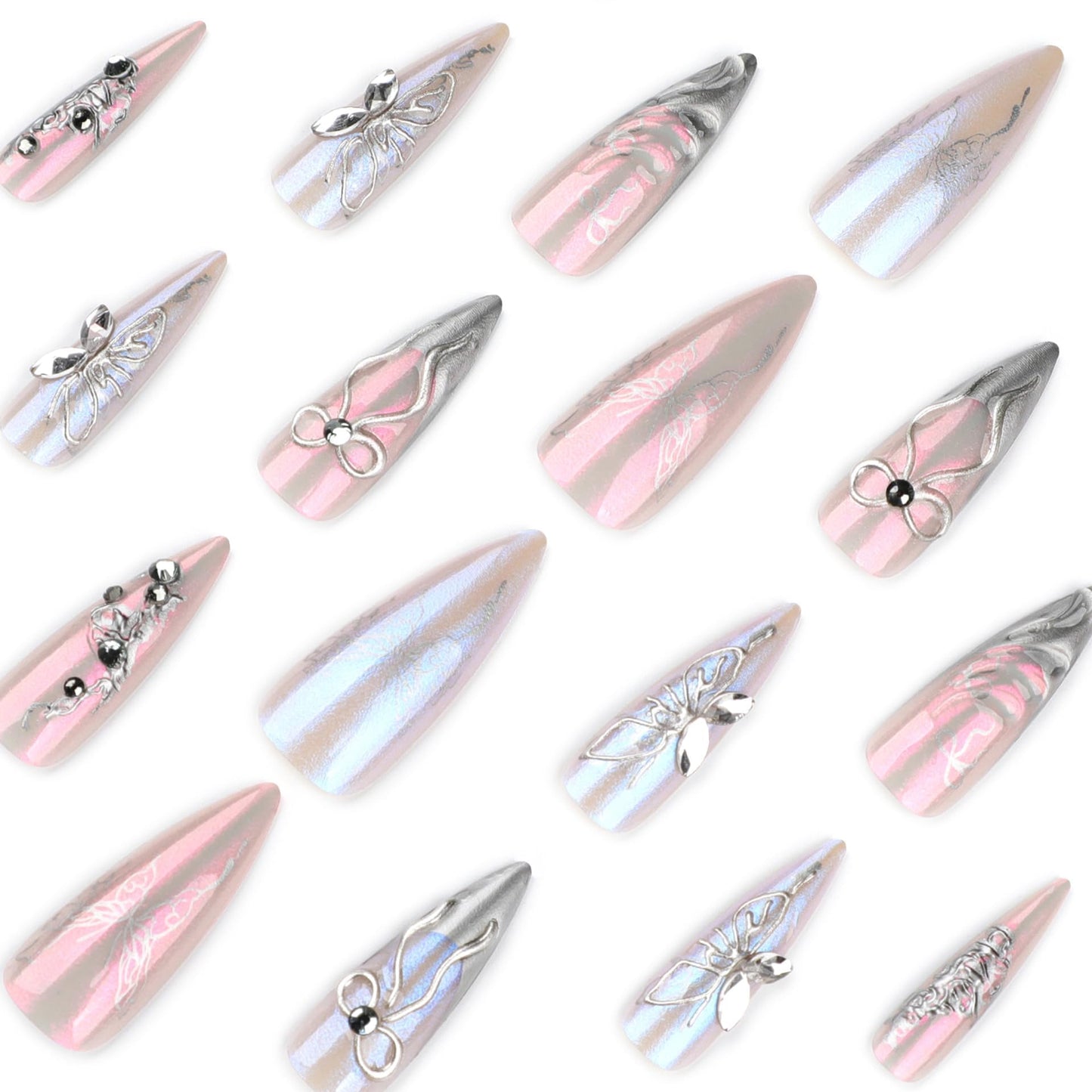 plalely Stiletto Press on Nails Long Silver Fake NailSilver Glitter and Rhinestones Acrylic Nail Press ons Stick on Nails for Women 24pcs