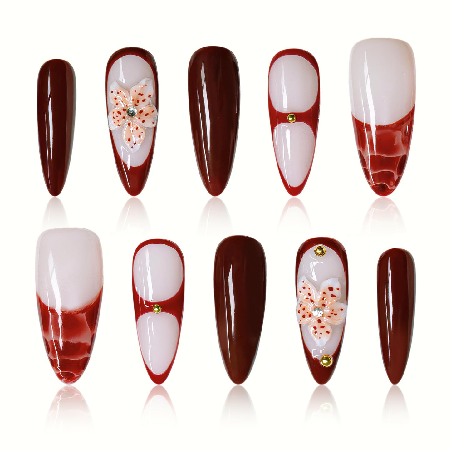 Vanpaga Handmade Long Stiletto Press on Nails Burgundy Glossy with 3D Floral Accents, Elegant Gel Fake Nails Reusable Stick on Nails for Women (Size L)