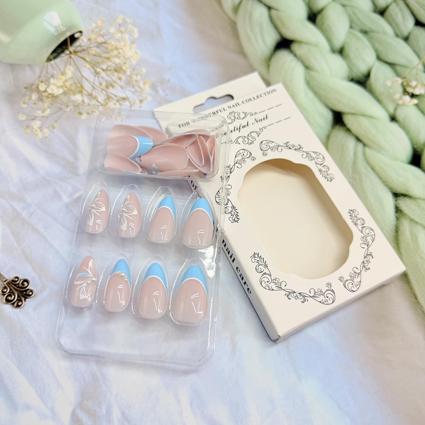 Blue French Press on Nails Medium Almond Fake Nails with Designs Cute Flower Stick on Nail Spring Summer Acrylic False Nail Pearl Artificial Nail Glossy Full Cover Glue on Nails for Women