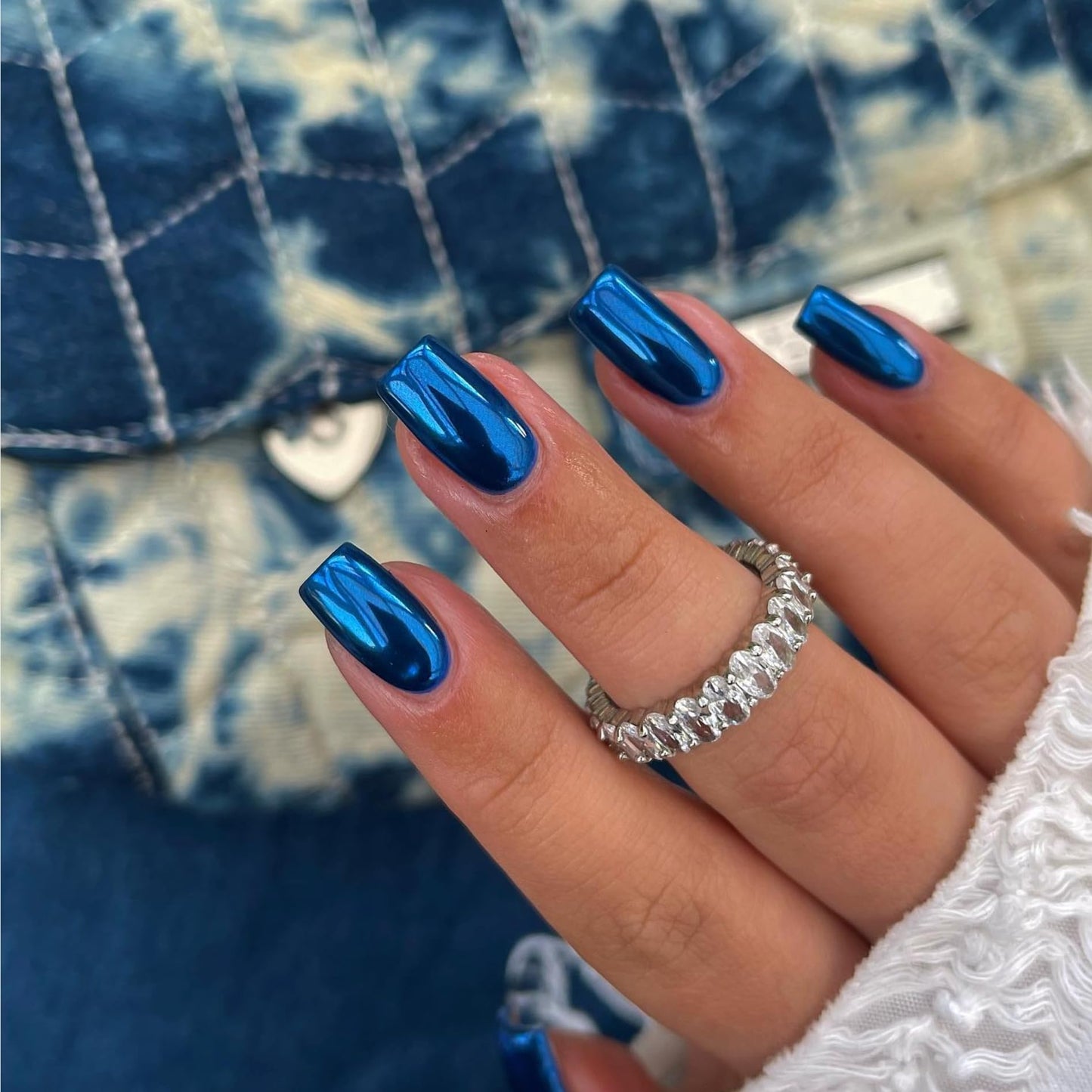 KQueenest Royal Blue Chrome Press on Nails Short Medium Square&Royal Blue Chrome Press on Nails Medium Almond For Beach Party Daily Decoration in 48 PCS