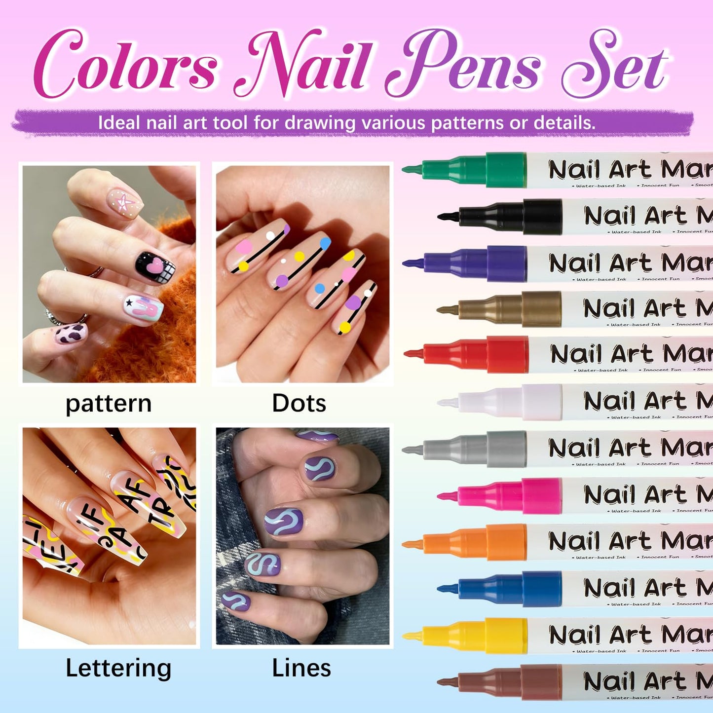 RFENLY 24 Colors Nail Art Pens Set, 3D 0.5MM Nail Polish Pens, DIY Nail Markers, Quick Drying Long Lasting Paint Graffiti Point Dotting Liner Pen Tools for Home & Salon