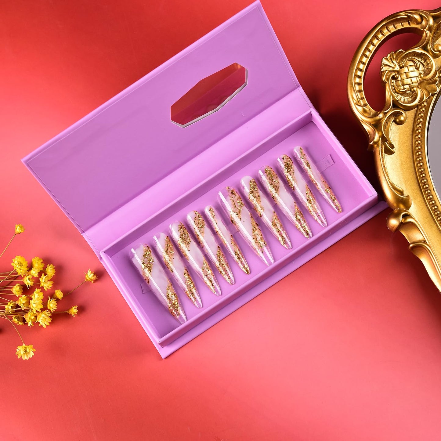 Tmani 10pc/set Extra Long Handmade Press On Nail Hot Girl's Long Ballet Nails Pointed Nail Full of Diamond Glitter Decoration Fake Nails Suitable For Girls Festival Parties and Birthday Gift (062,M)