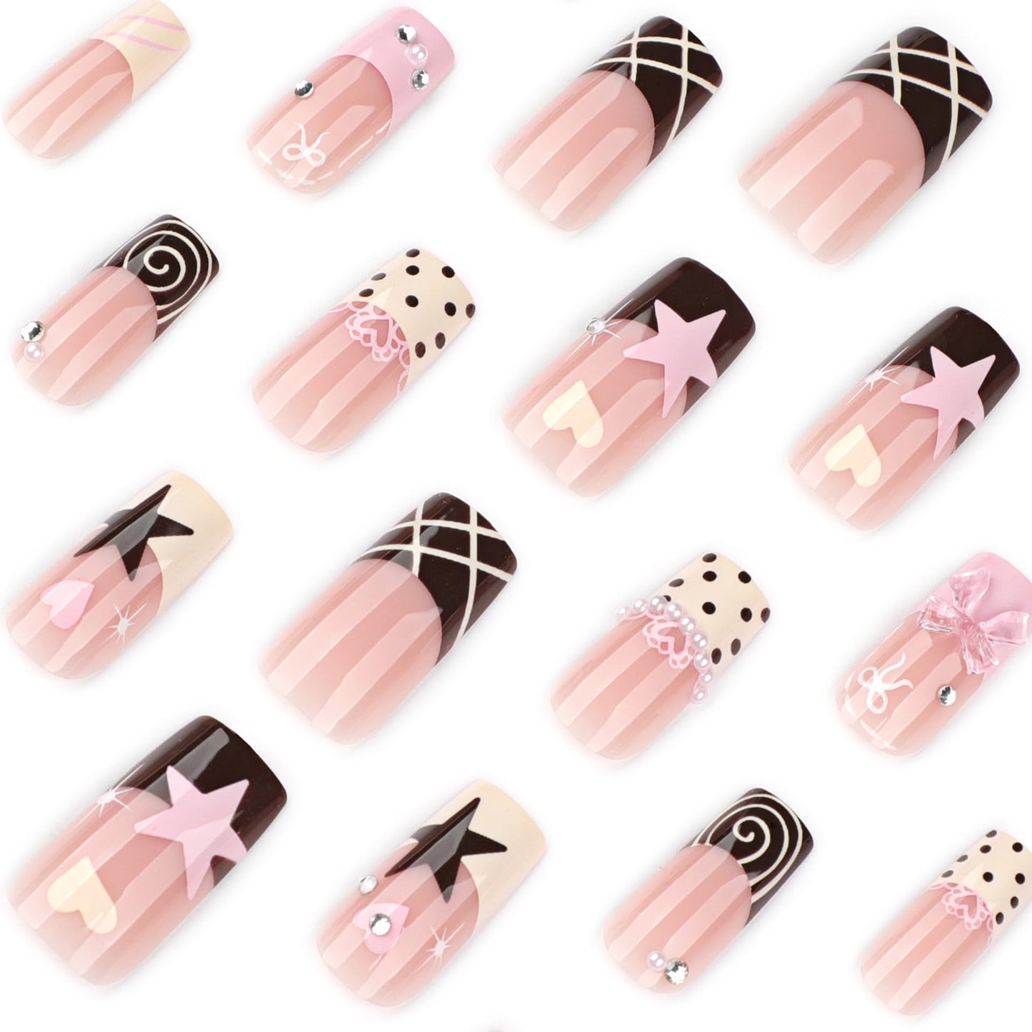 Medium Square Press on Nails Fake Nails Artificial Nail Stick on Nail for Women, Pink White & Black French Tip with Polka Dot, Star and Lace Designs, Sparkling Accents