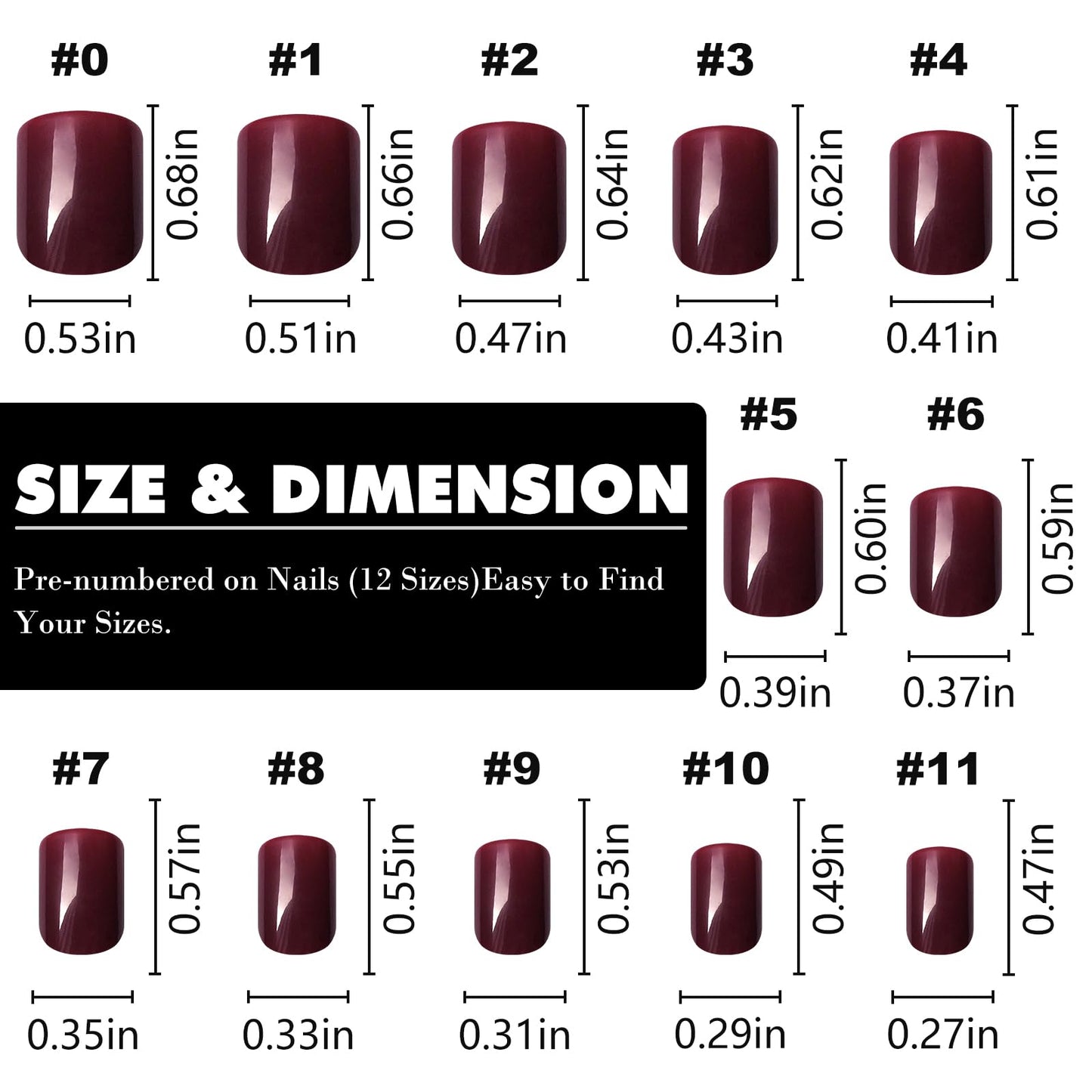 LuckForever Short Press on Nails 240pc Glossy Burgundy Press on Nails Short Square Round Fake Nails Full Cover 10 Sheets Nail Adhesive Tabs,Small Wooden Sticks and Nail Files False Nails for Women