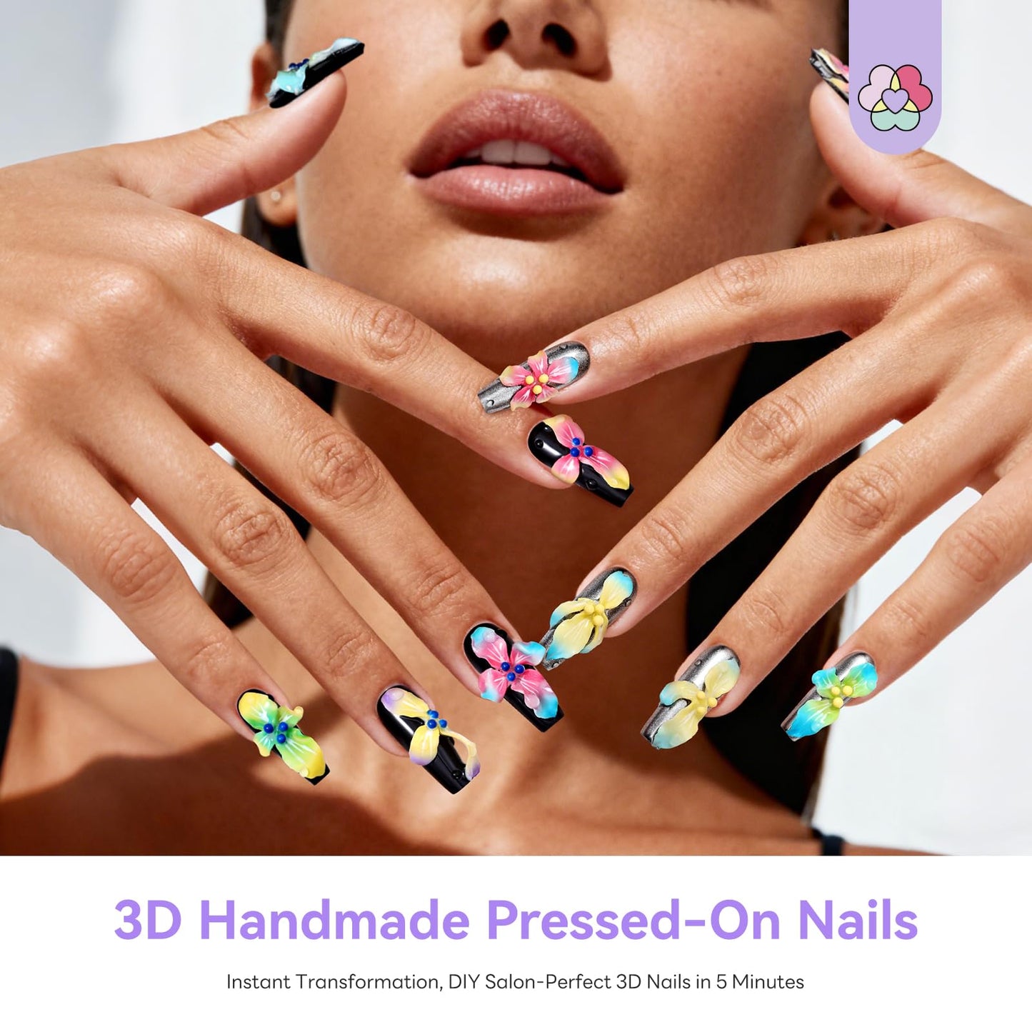 SAVILAND Handmade 3D Press on Nails Kit: Instant Transformation Press on Nails Long Lasting with Nail Glue Nail Adhesive Tabs 10Pcs Flower Fairyland Nail Tips No U V Need (Size M/S)