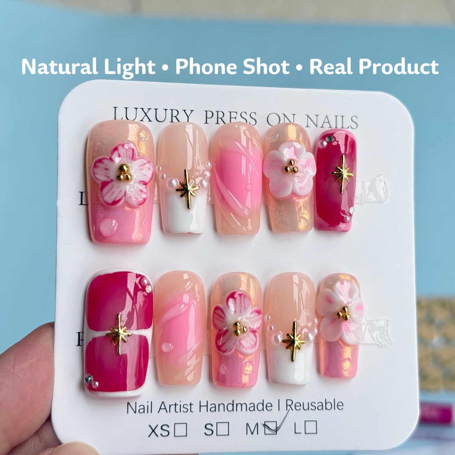 Haozerart Handmade Acrylic Press on Nails, Medium Square French Tip Fake Nails, Glossy Pink with 3D Floral & Pearl Design, Salon Quality Reusable Nails, 10Pcs (M Size)