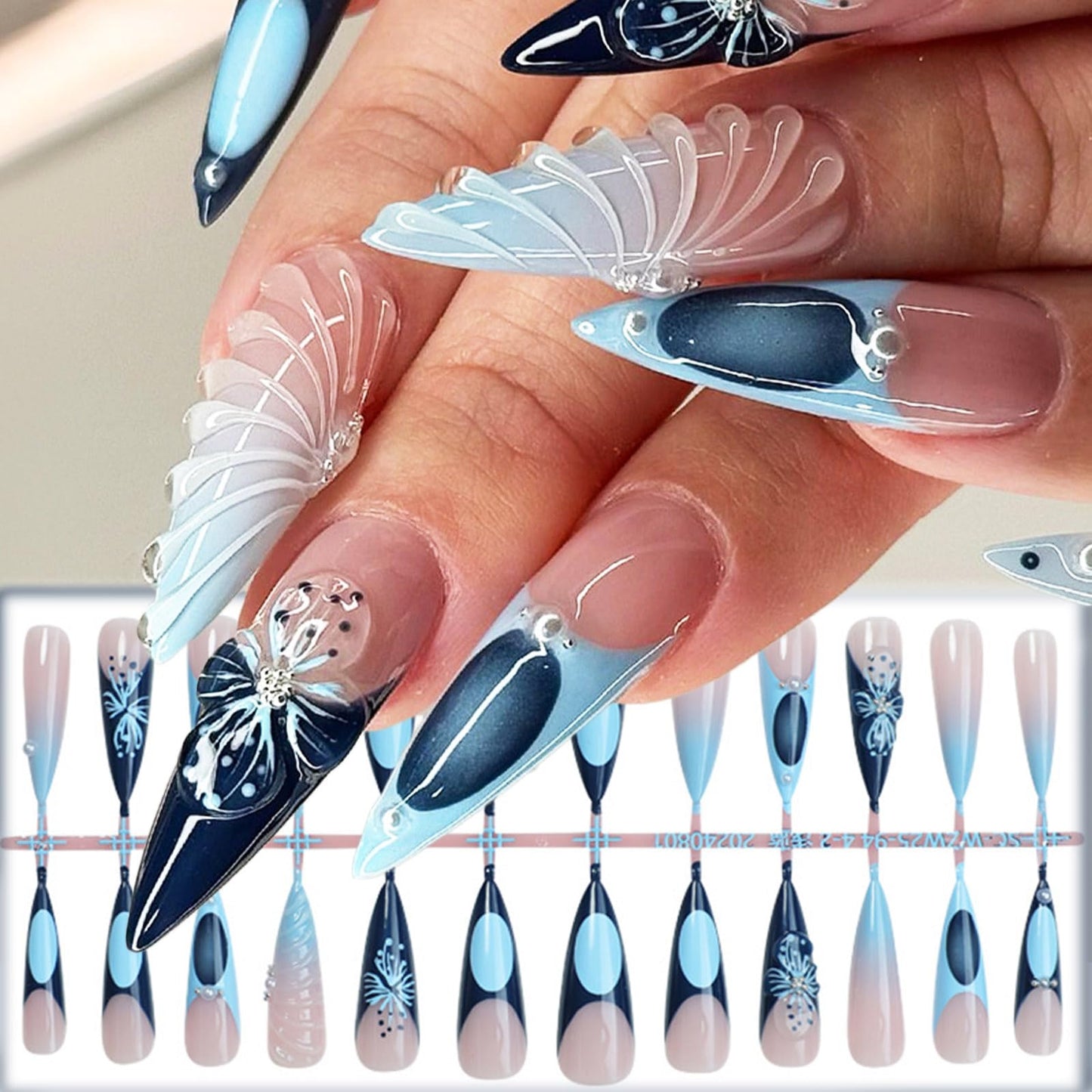 Blue French Tips Press On 3D Curve Line Stick On Long Stiletto 3D Flower Acrylic Fake Nails - 24 Pcs Glossy Blue Gradient False Pearl Gel Glue On for Women Girls
