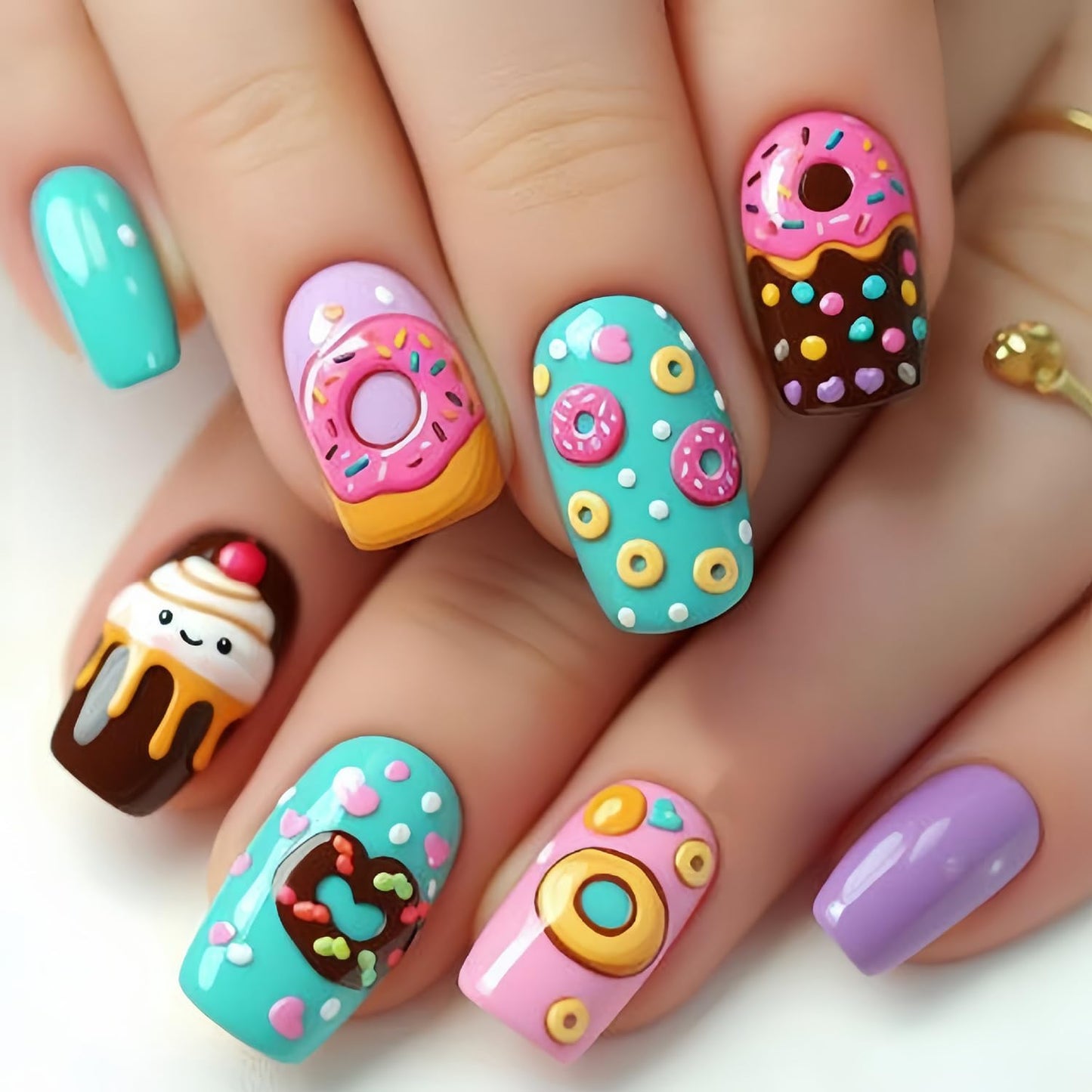 Cute Donut & Cupcake Themed Press on Nails Medium Coffin Shaped Fake Nails with Color Designs Square Press on False Nails Glossy Acrylic Nails Spring Summer Stick on Nail Art for Women Girls 24Pcs