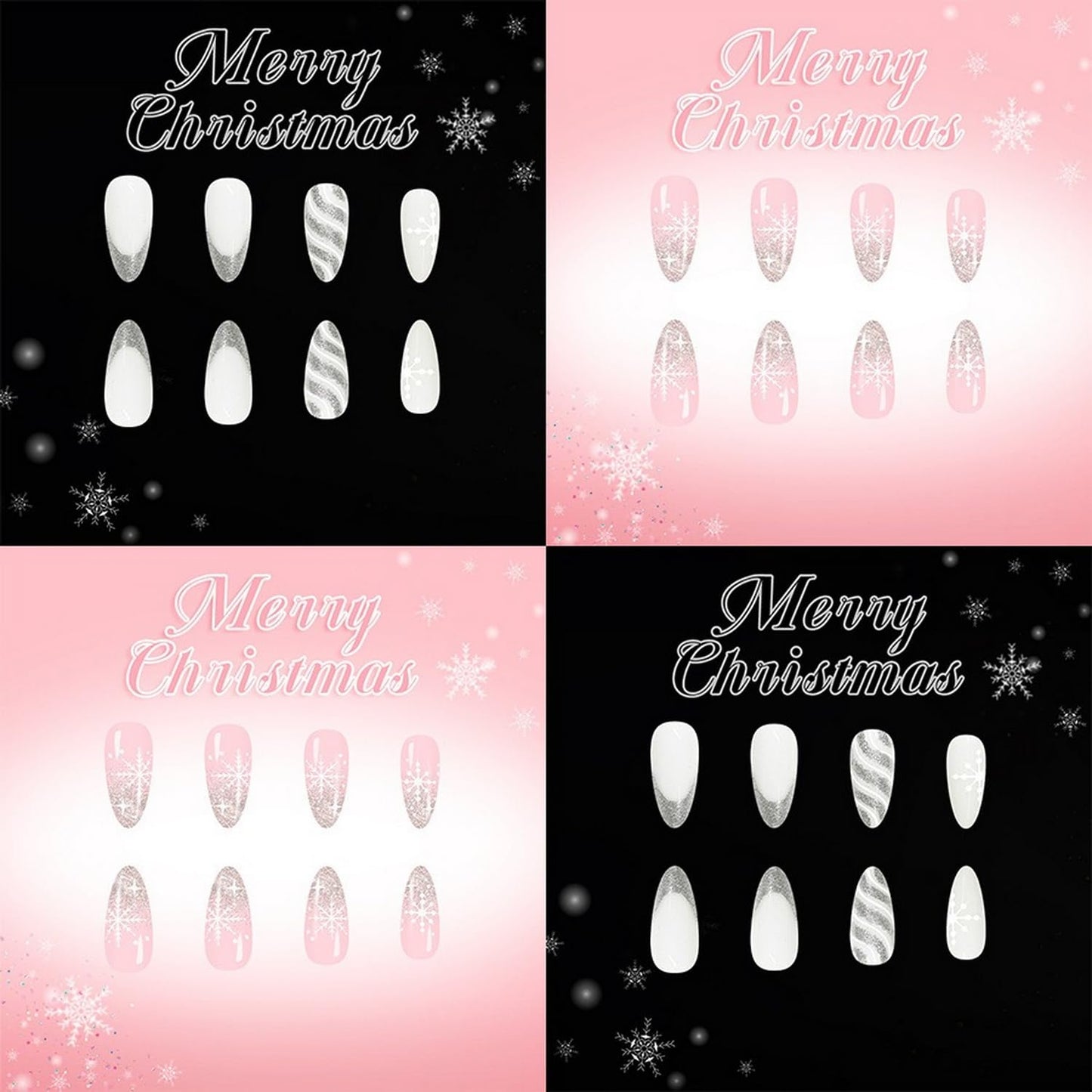 Christmas Press on Nails Kit 48 Pcs Medium Almond Ombre Fake Nails 2 Style French Tip False Nails with Snowflake Glitter Designs Elegant Glossy Glue on Nail Winter Acrylic Nails for Women Girls