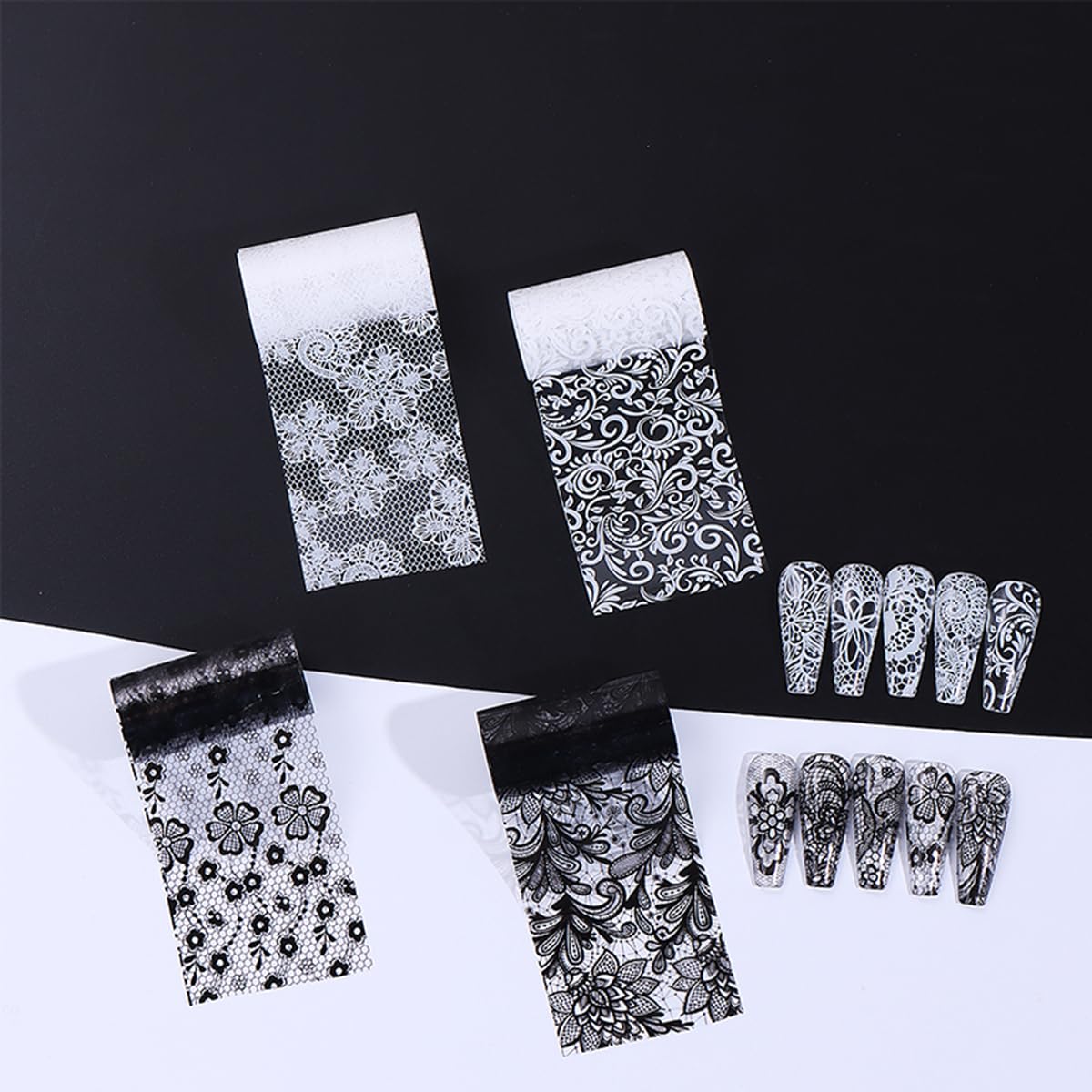 Black White Lace Nail Art Foils Transfer Stickers 10 Rolls Y2K Lace Flower Nail Foil Adhesive Decals Designer Nail Art Supplies Starry Sky Paper Manicure Accessories for Women Acrylic Nails Decoration