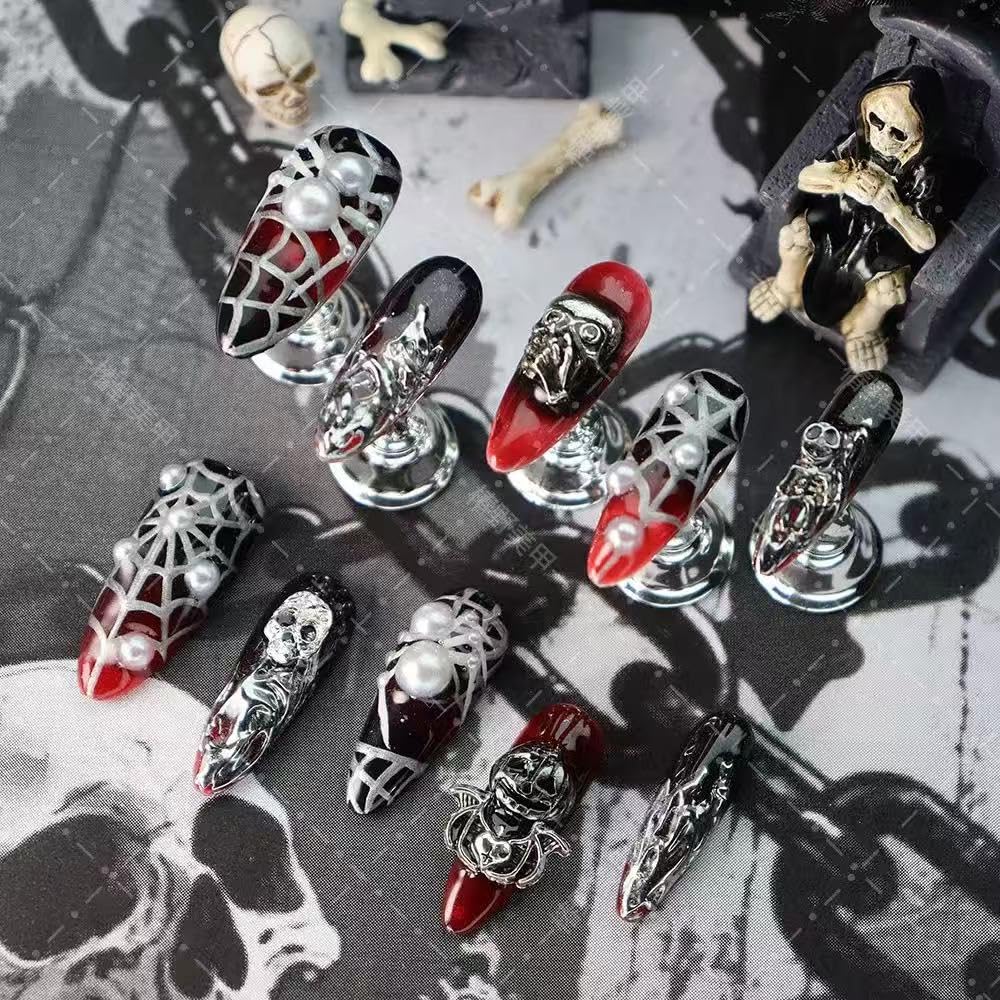 100% Handmade Press on Nails Halloween Fake Nails with Spider Web Skeleton Pumpkin Design Medium Almond Ombre Red Black False Nail Press ons Reusable Handmade Nails for Women Manicure Size L